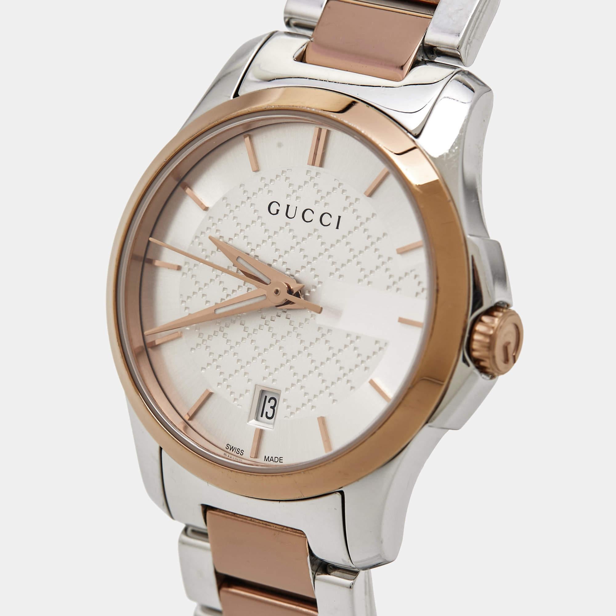 Gucci Silver Two-Tone Stainless Steel G-Timeless YA126564 Women's Wristwatch 27  In Good Condition In Dubai, Al Qouz 2