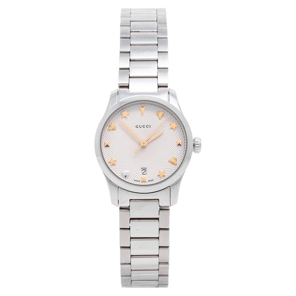 Gucci Silver White Stainless Steel G-Timeless 126.5 Women's Wristwatch 27 mm