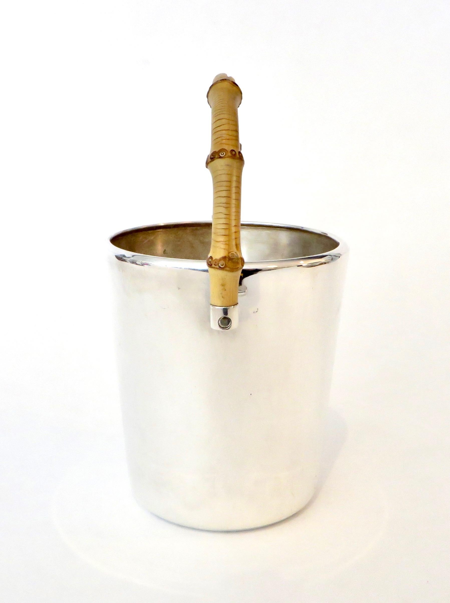 Gucci Silverplate Ice Bucket With Bamboo Handle and Ice Tongs Signed 2