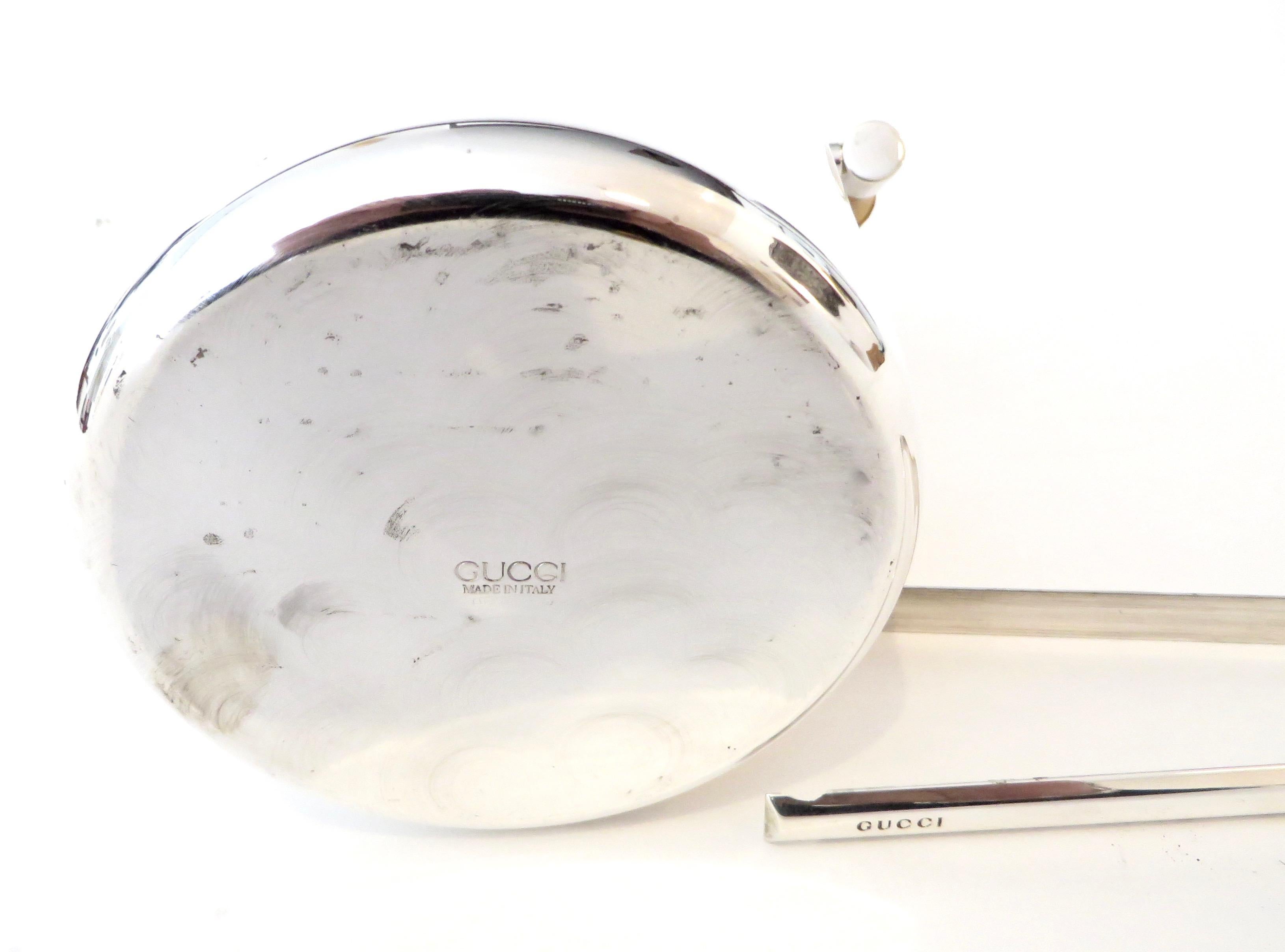 Gucci Silverplate Ice Bucket With Bamboo Handle and Ice Tongs Signed 5
