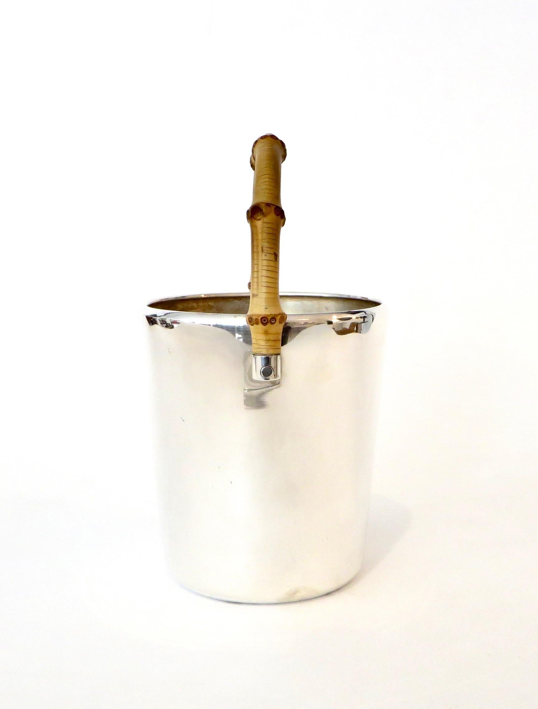 Mid-Century Modern Gucci Silverplate Ice Bucket With Bamboo Handle and Ice Tongs Signed