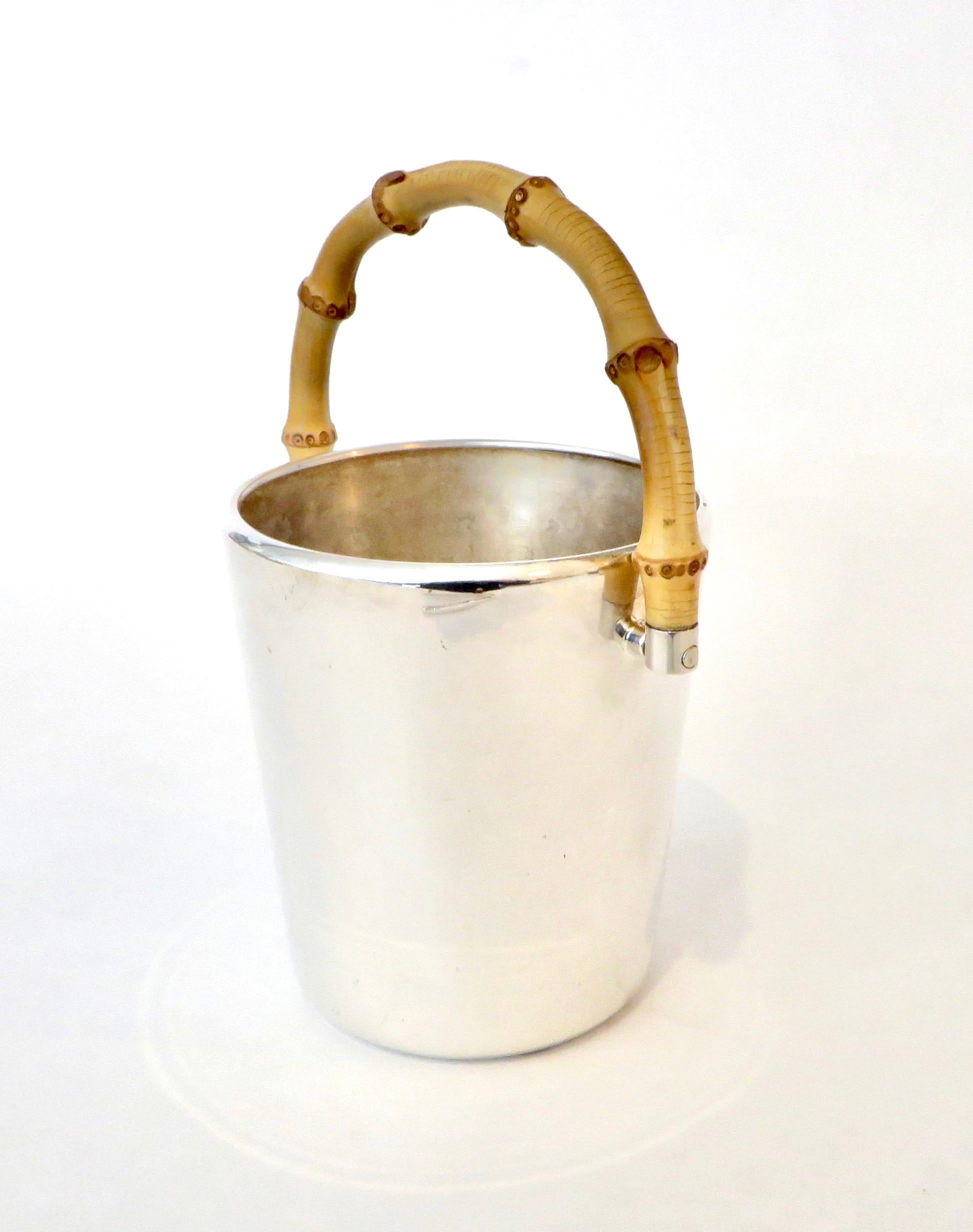 Italian Gucci Silverplate Ice Bucket With Bamboo Handle and Ice Tongs Signed
