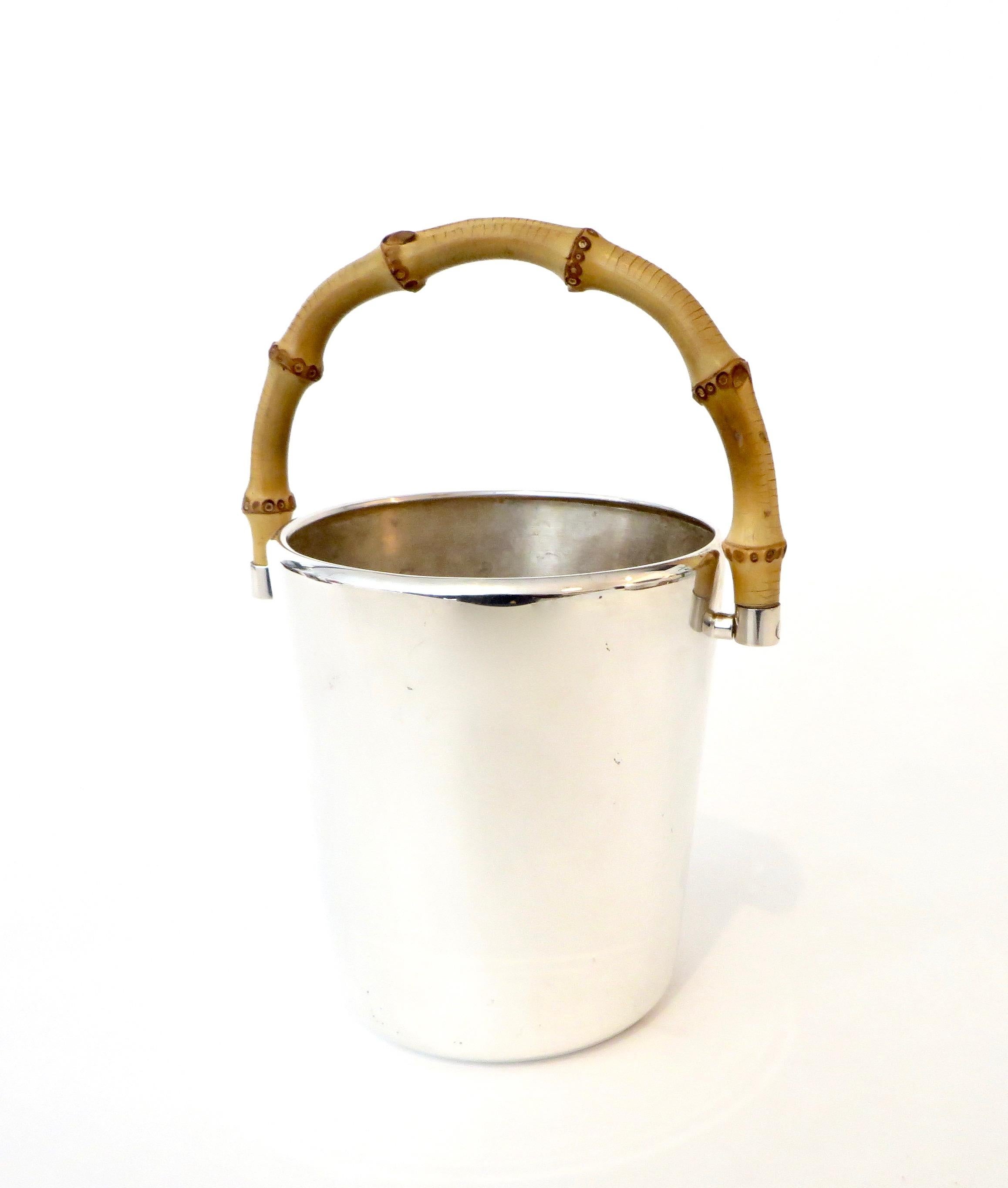 Gucci Silverplate Ice Bucket With Bamboo Handle and Ice Tongs Signed In Excellent Condition In Chicago, IL