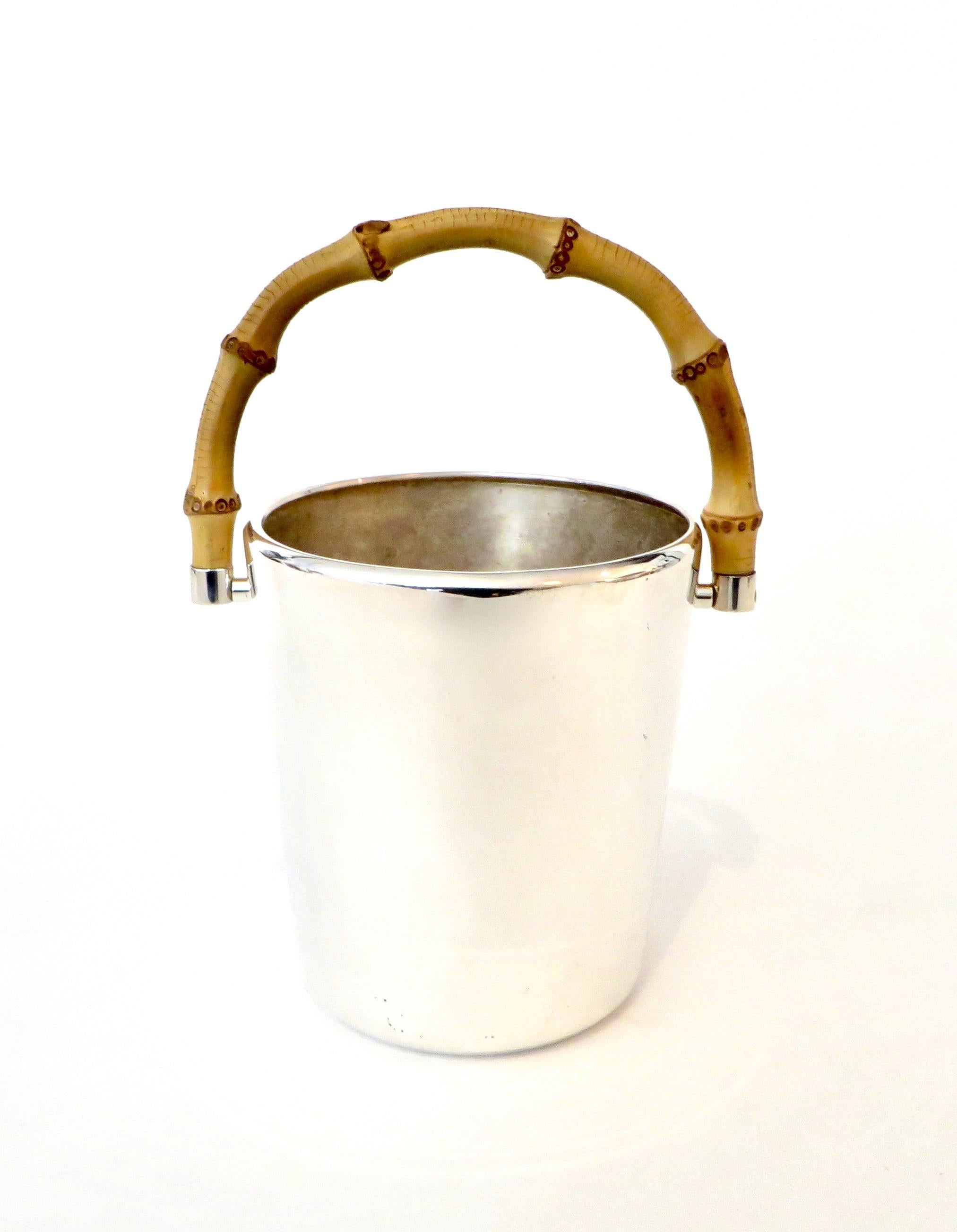 Late 20th Century Gucci Silverplate Ice Bucket With Bamboo Handle and Ice Tongs Signed