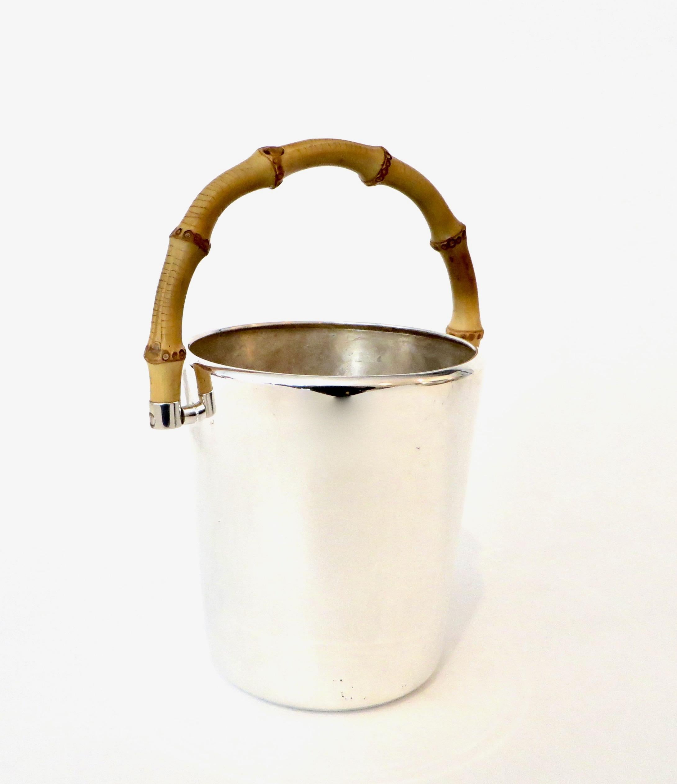 Silver Plate Gucci Silverplate Ice Bucket With Bamboo Handle and Ice Tongs Signed