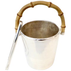Retro Gucci Silverplate Ice Bucket With Bamboo Handle and Ice Tongs Signed