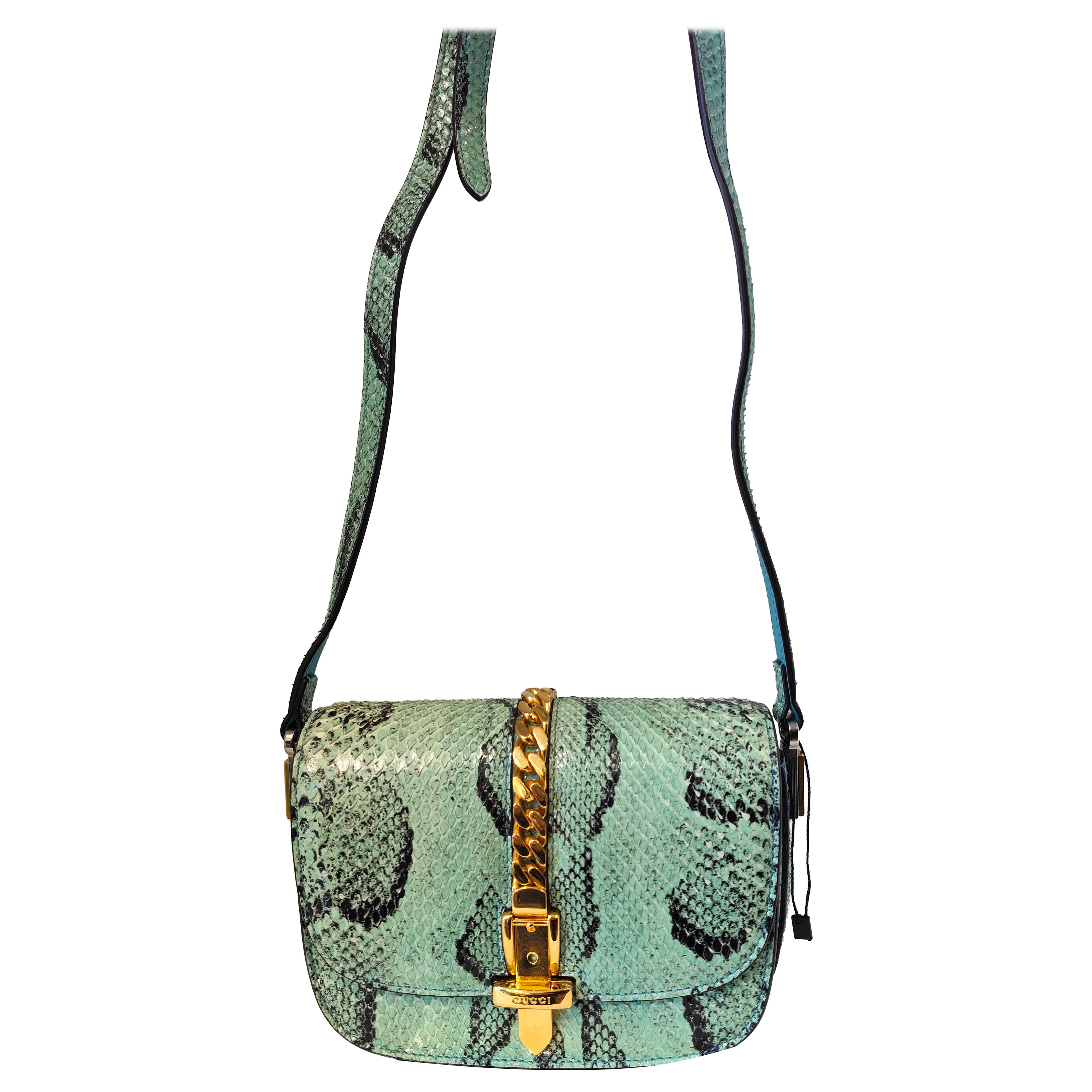 Gucci Silvye light blue black python skin gold hardware shoulder bag