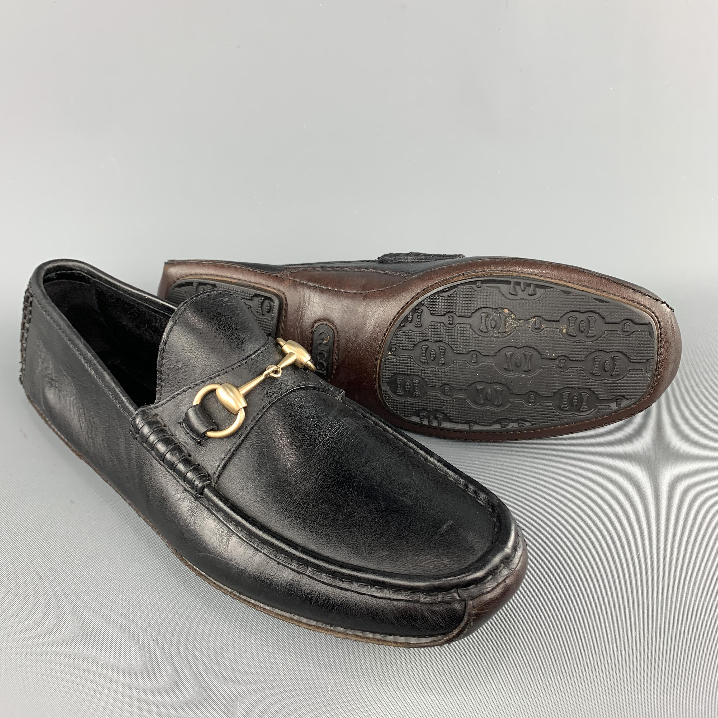 GUCCI Size 10 Black Leather Gold Tone Horsebit Driver Sole Loafers In Good Condition In San Francisco, CA