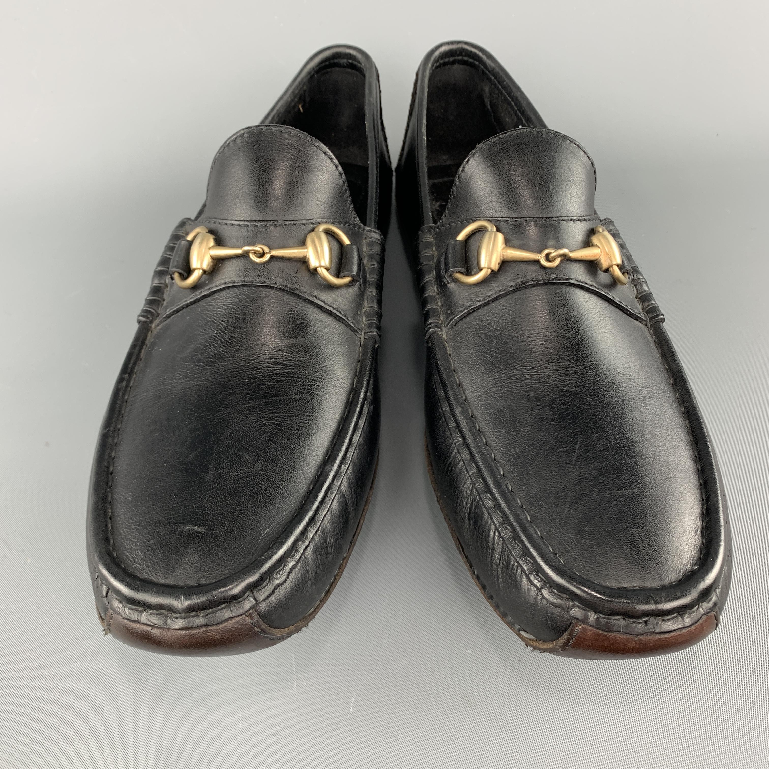Men's GUCCI Size 10 Black Leather Gold Tone Horsebit Driver Sole Loafers