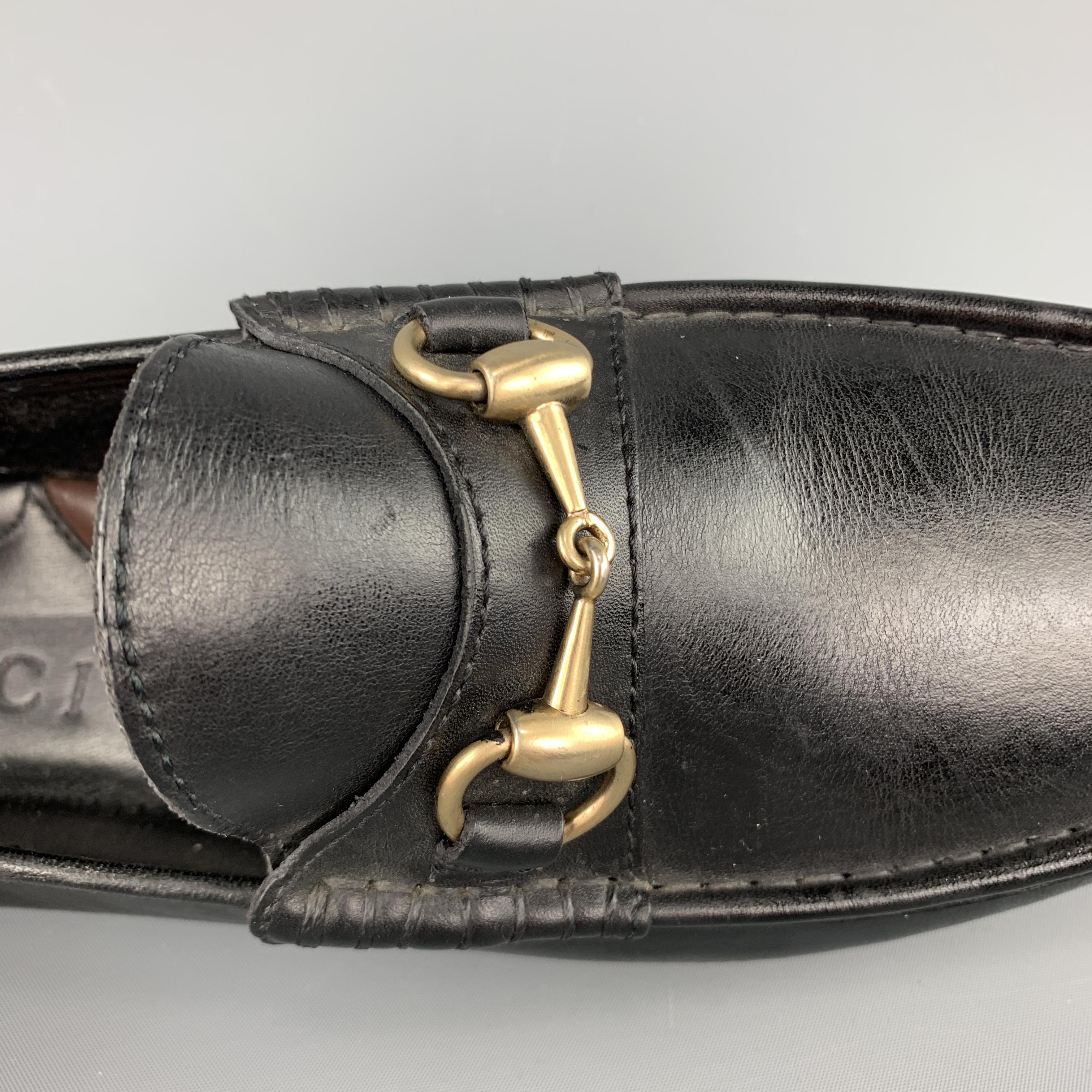 GUCCI Size 10 Black Leather Gold Tone Horsebit Driver Sole Loafers 1