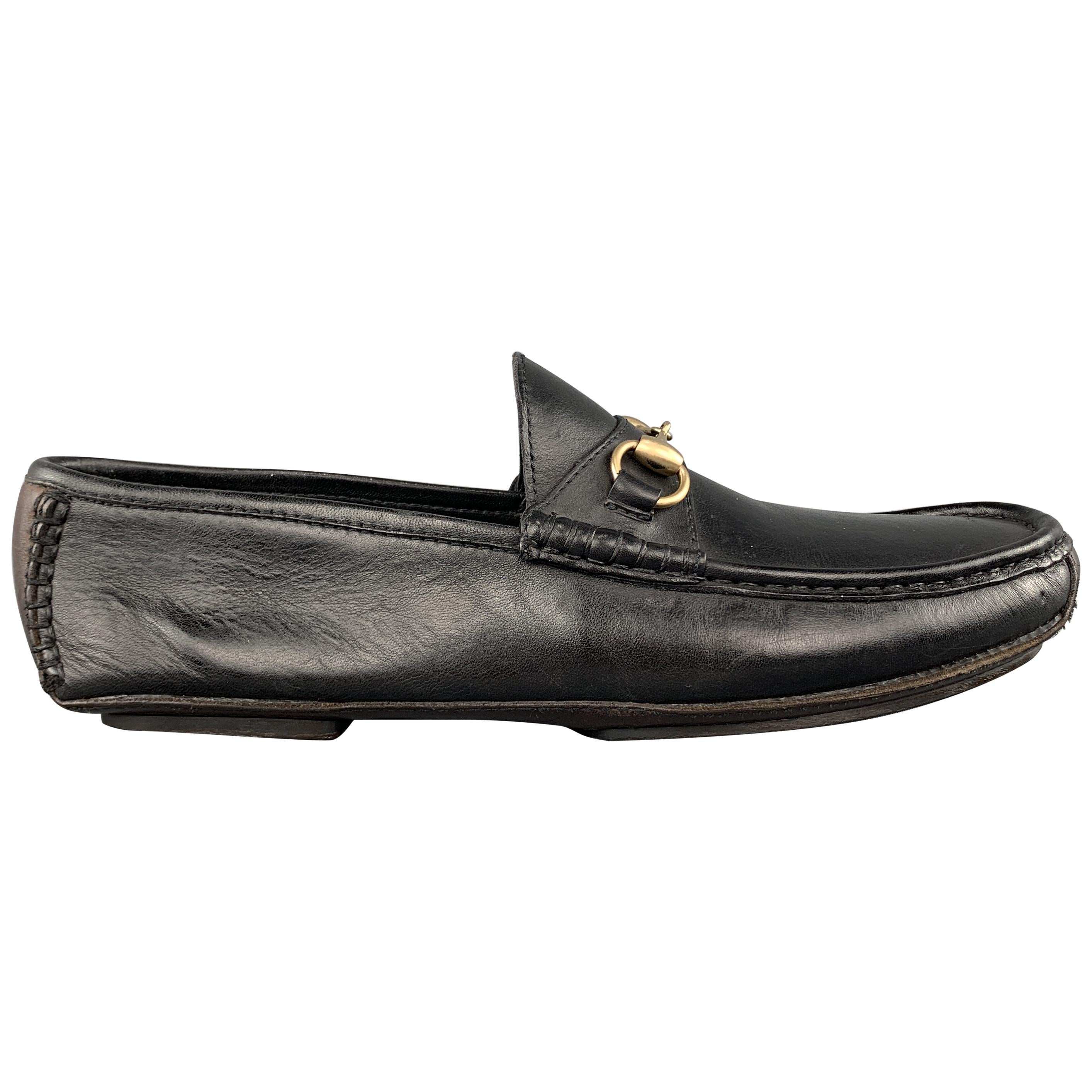GUCCI Size 10 Black Leather Gold Tone Horsebit Driver Sole Loafers