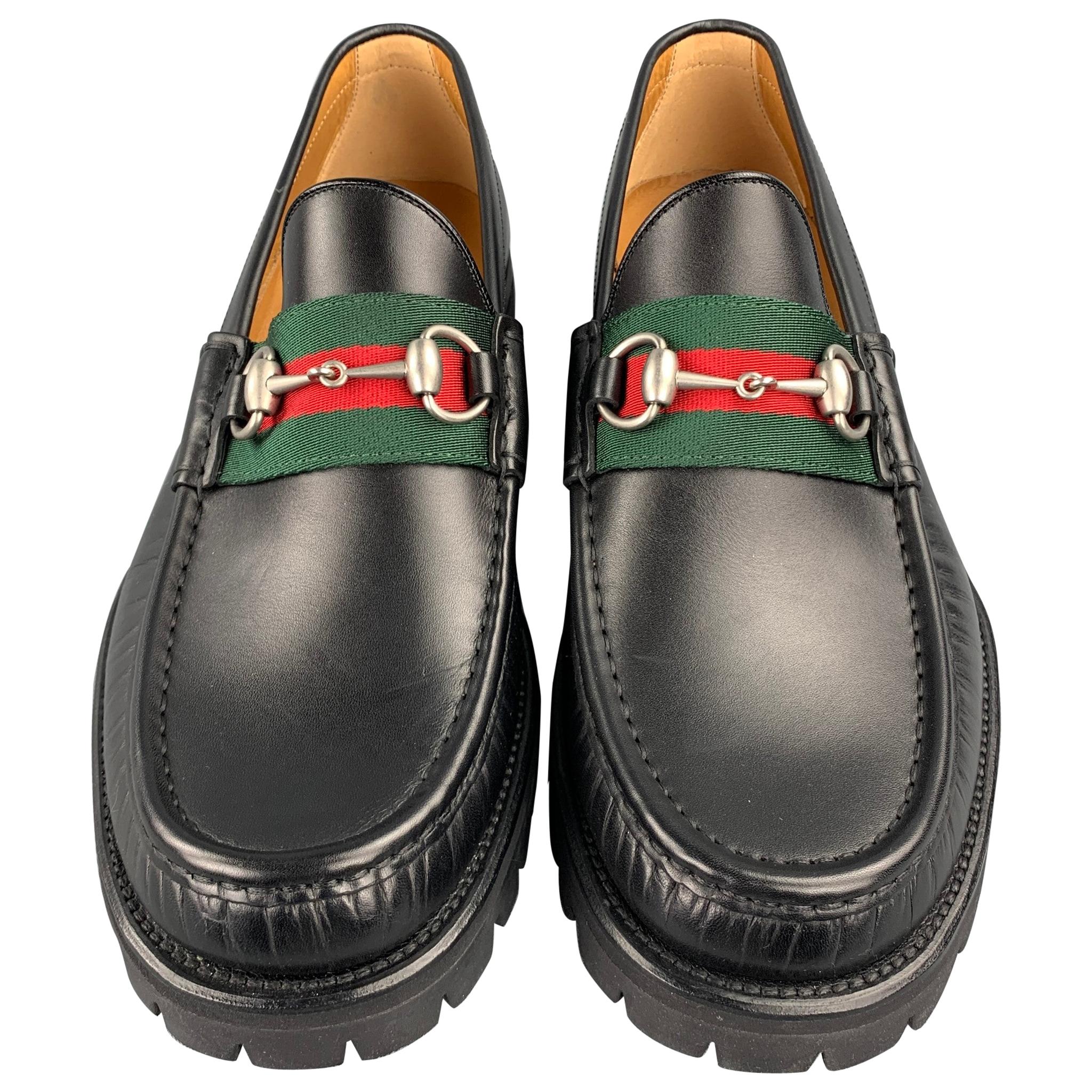 Antagonisme ide endelse GUCCI Size 10 Black Leather Web Horsebit Lug Sole Loafers at 1stDibs