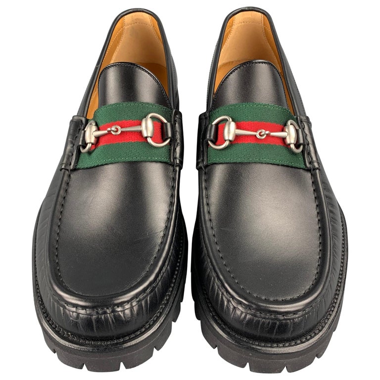 GUCCI Size 10 Black Leather Web Horsebit Lug Sole Loafers at 1stDibs