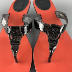 GUCCI Size 10 Black & Red Patent Leather Kitten Heeled Thong Sandals