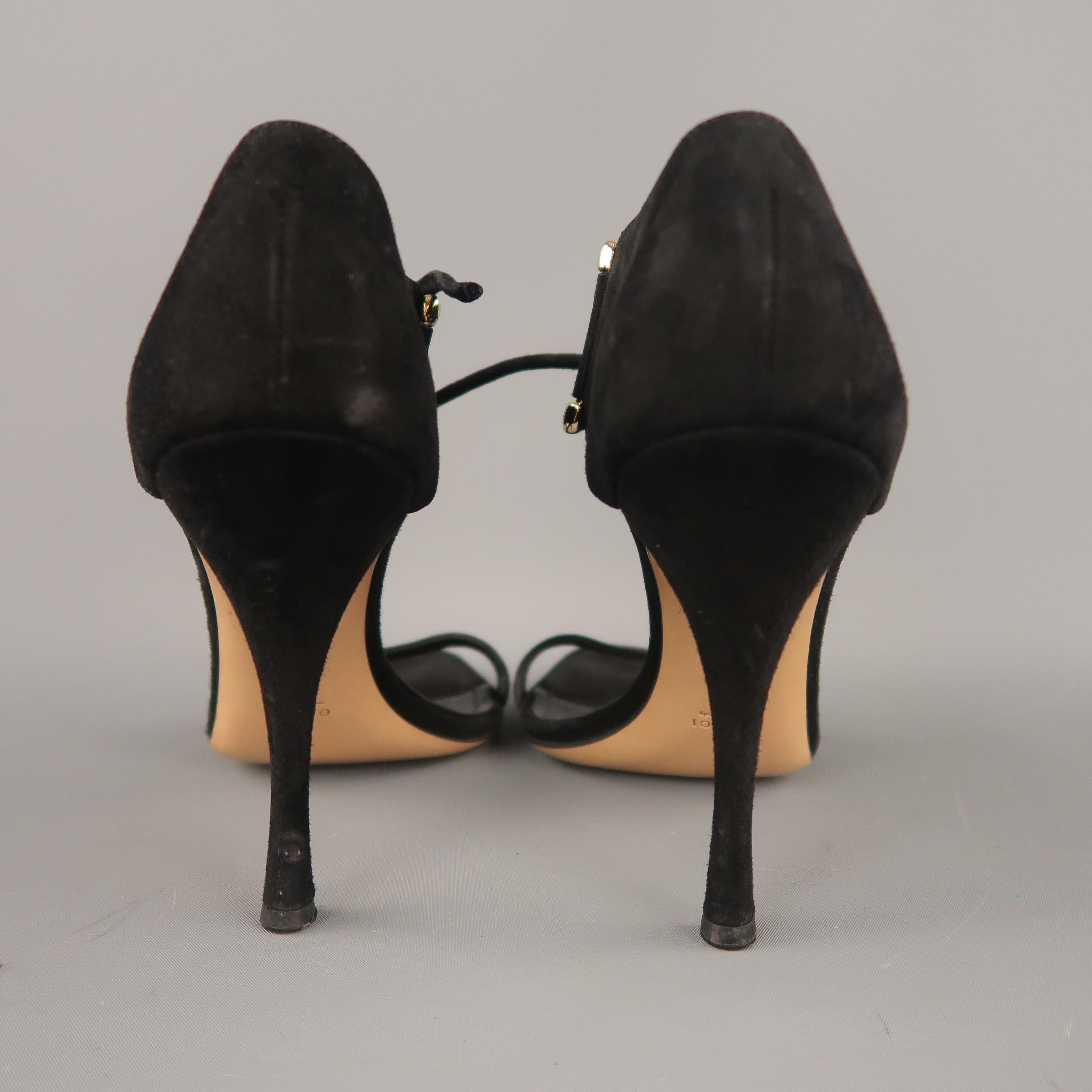 Women's GUCCI Size 10 Black Suede Thick Gold D Loops Tied Ankle Strap Sandals