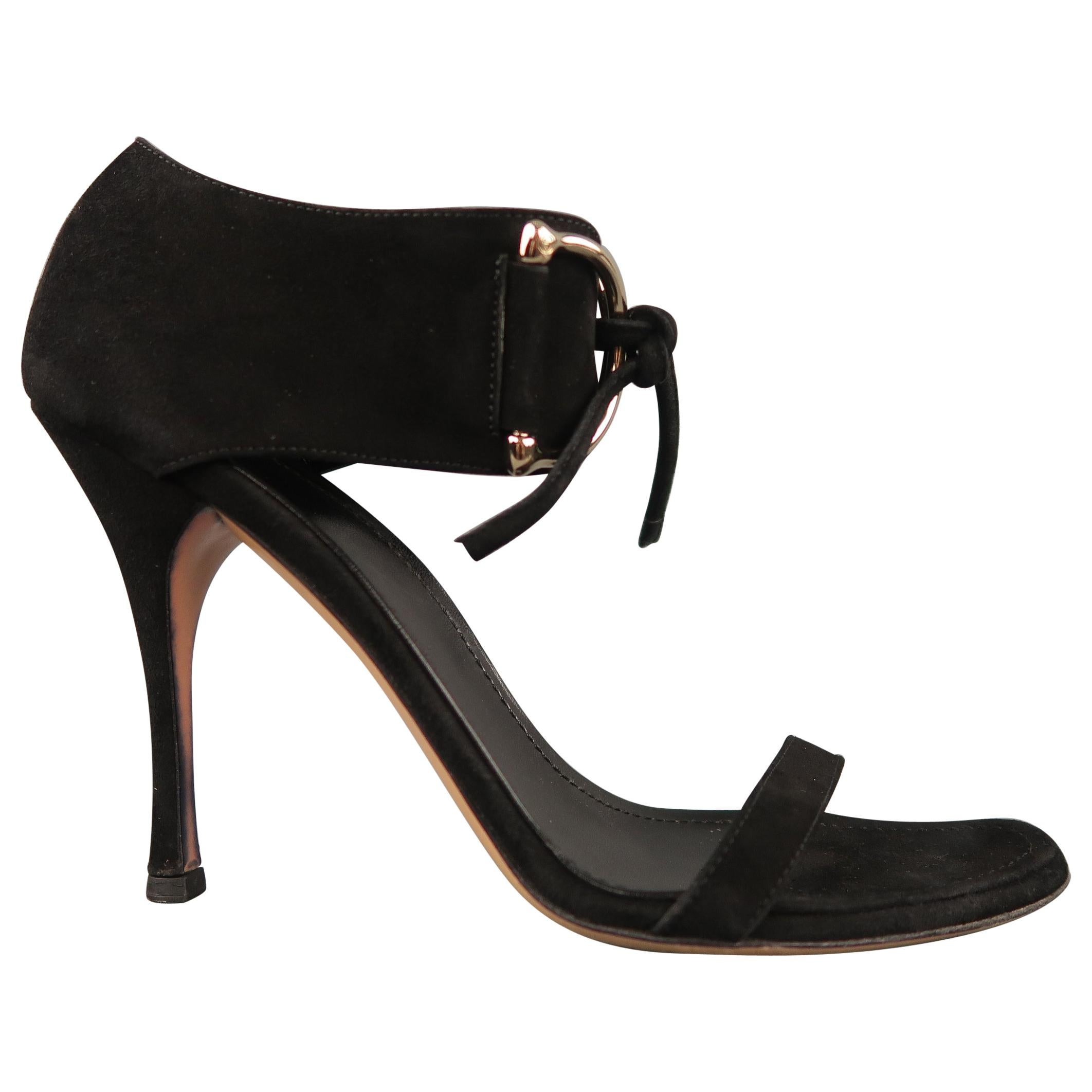 GUCCI Size 10 Black Suede Thick Gold D Loops Tied Ankle Strap Sandals