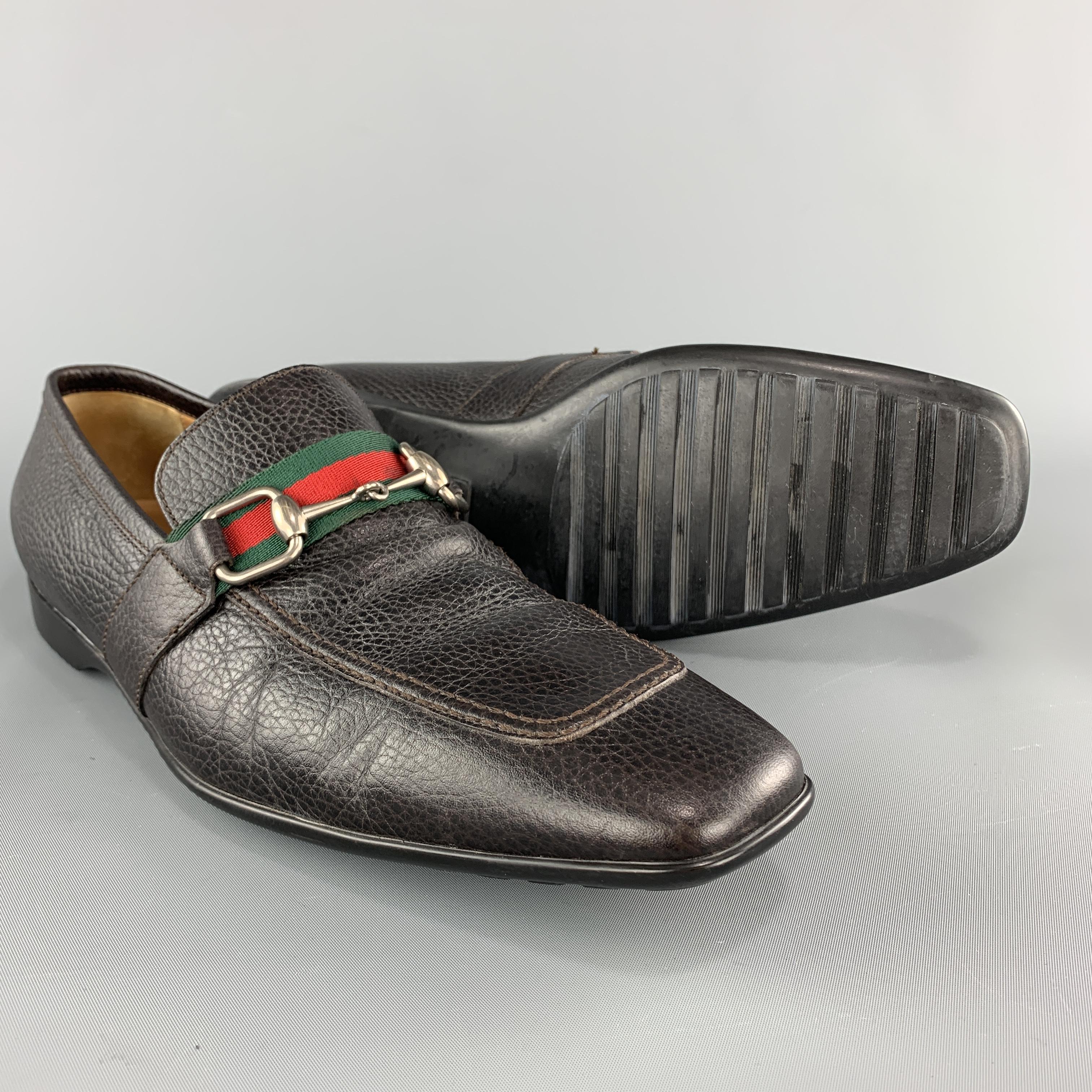 Black GUCCI Size 10 Dark Brown Leather Striped Band Horsebit Slip On Loafers