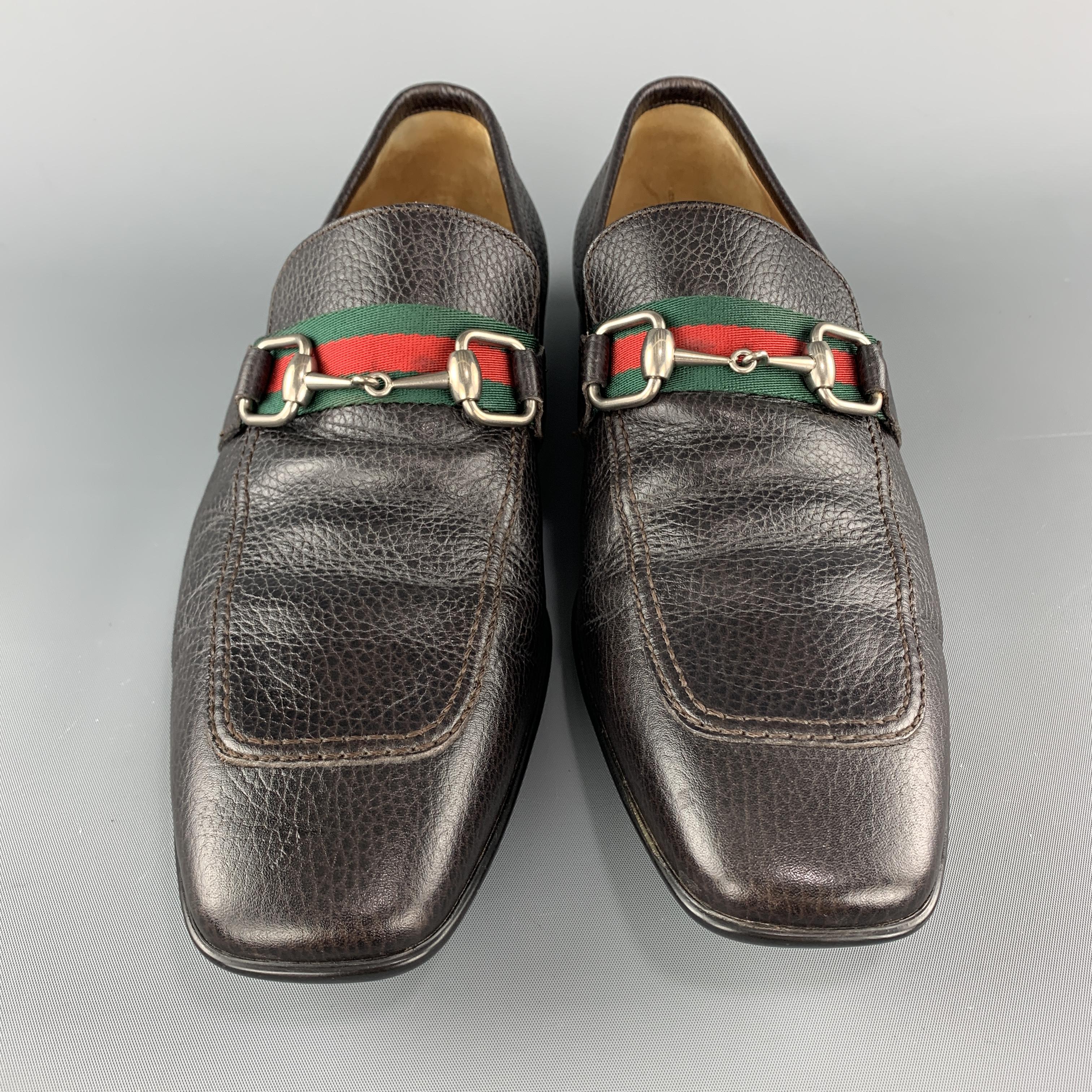 GUCCI Size 10 Dark Brown Leather Striped Band Horsebit Slip On Loafers In Good Condition In San Francisco, CA