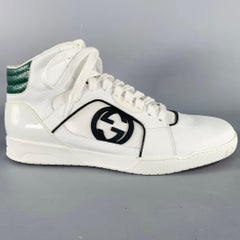 GUCCI Size 10 White Green Black Color Block Leather High Top Sneakers