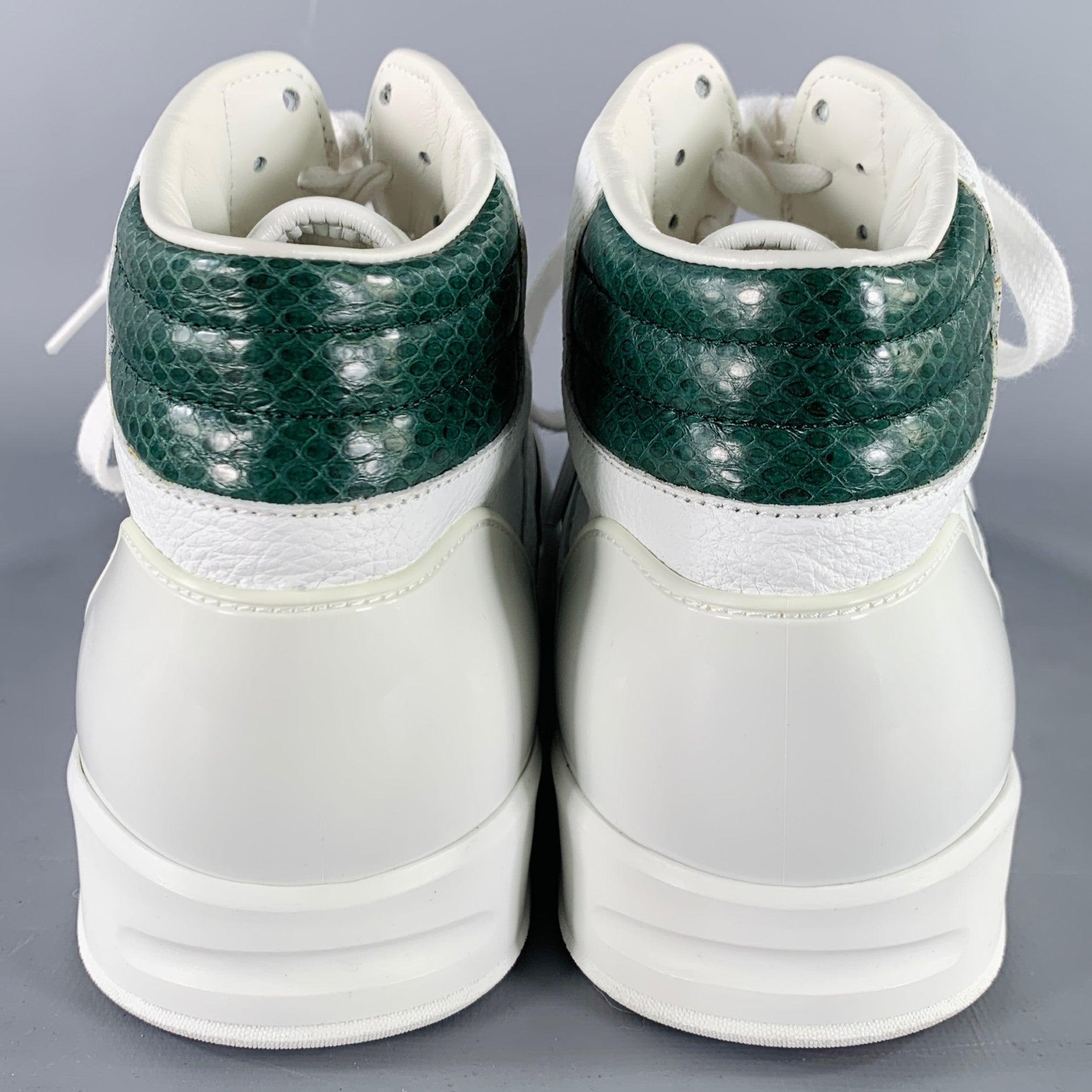 Gray GUCCI Size 10 White Green Black Color Block Leather High Top Sneakers For Sale