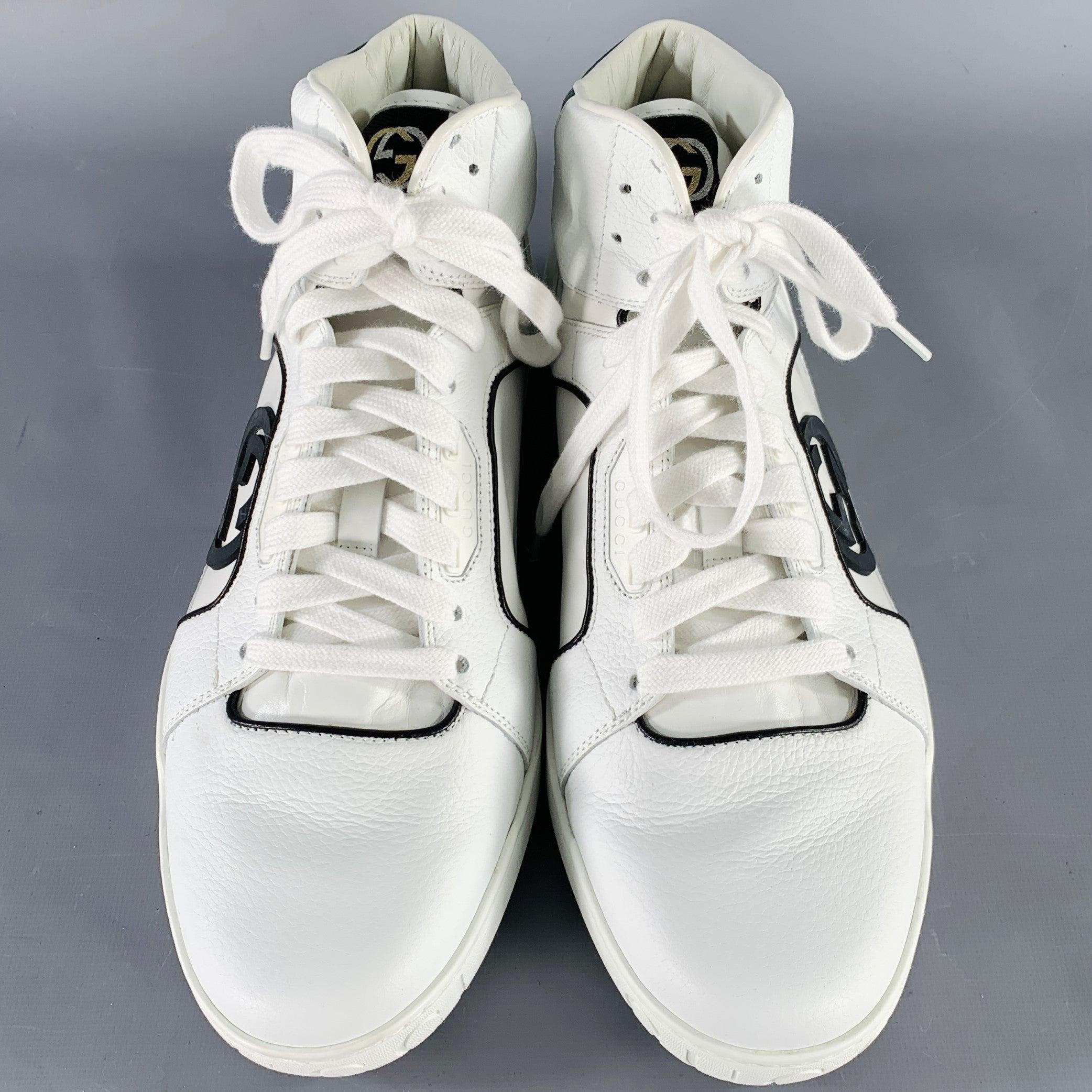 GUCCI Size 10 White Green Black Color Block Leather High Top Sneakers In Good Condition For Sale In San Francisco, CA