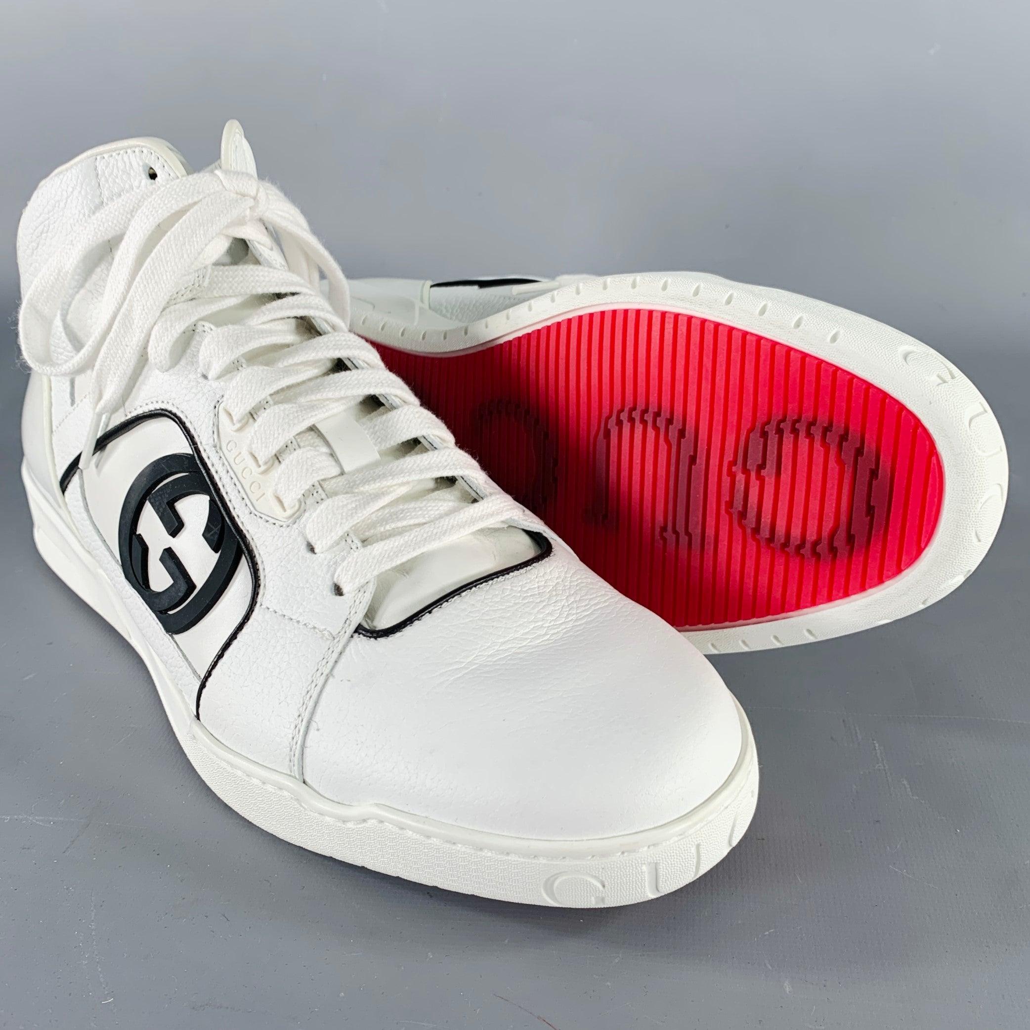 Men's GUCCI Size 10 White Green Black Color Block Leather High Top Sneakers For Sale