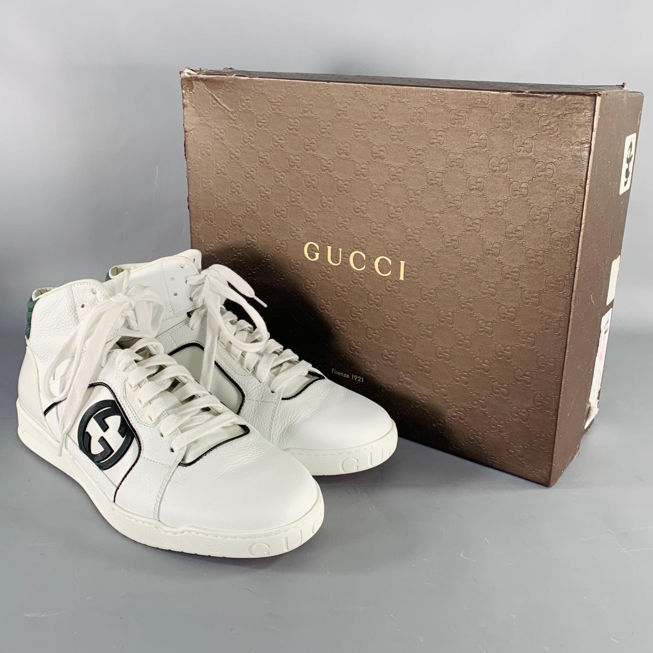 GUCCI Size 10 White Green Black Color Block Leather High Top Sneakers For Sale 4