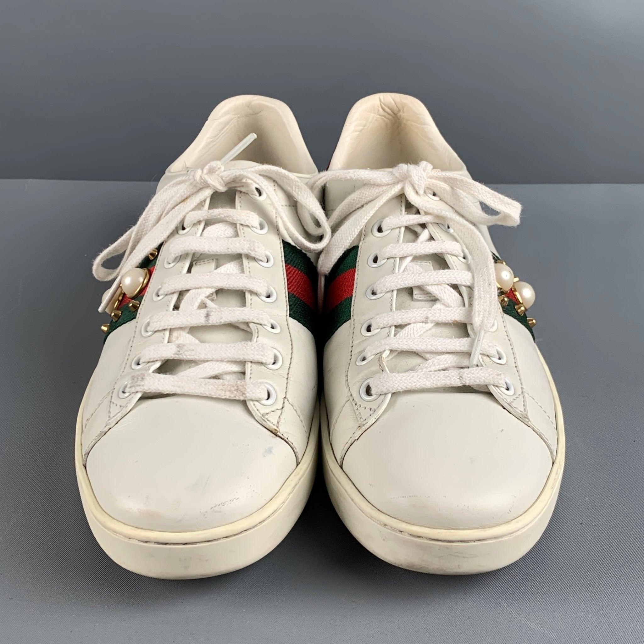 Women's GUCCI Size 10 White Green & Red Leather Ribbon Low Top Sneakers For Sale