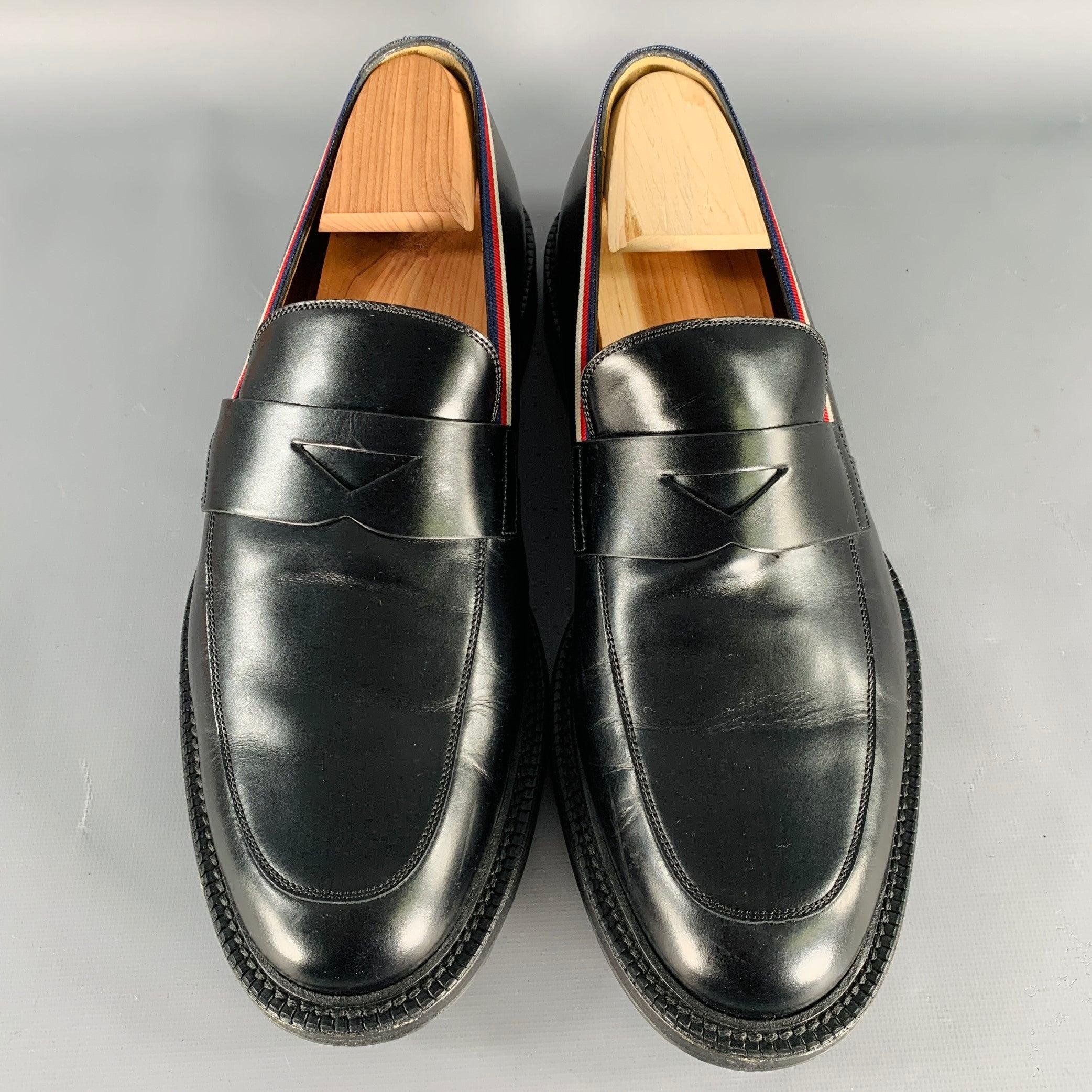 Men's GUCCI Size 10.5 Black Contrast Trim Leather Penny Loafers