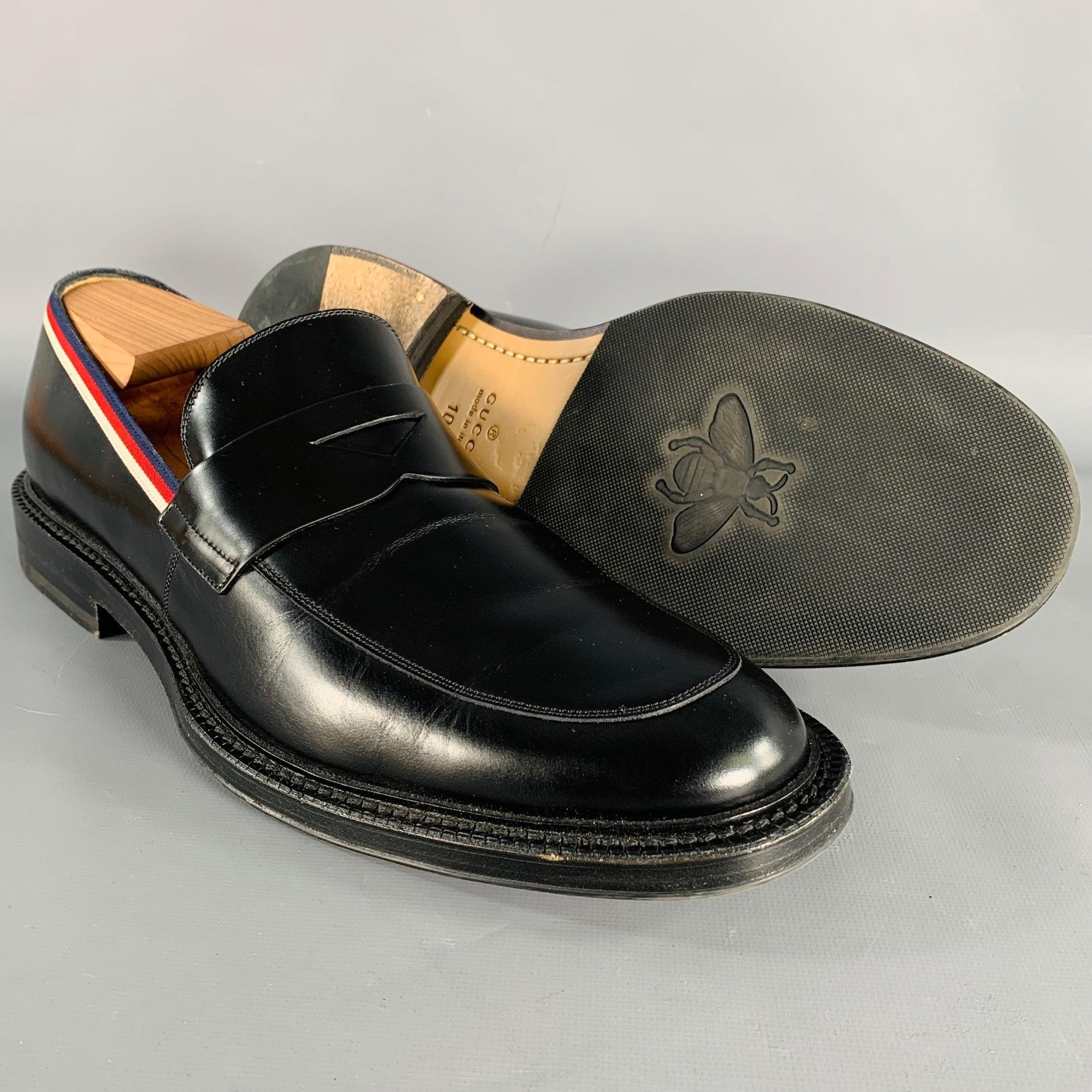GUCCI Size 10.5 Black Contrast Trim Leather Penny Loafers 1