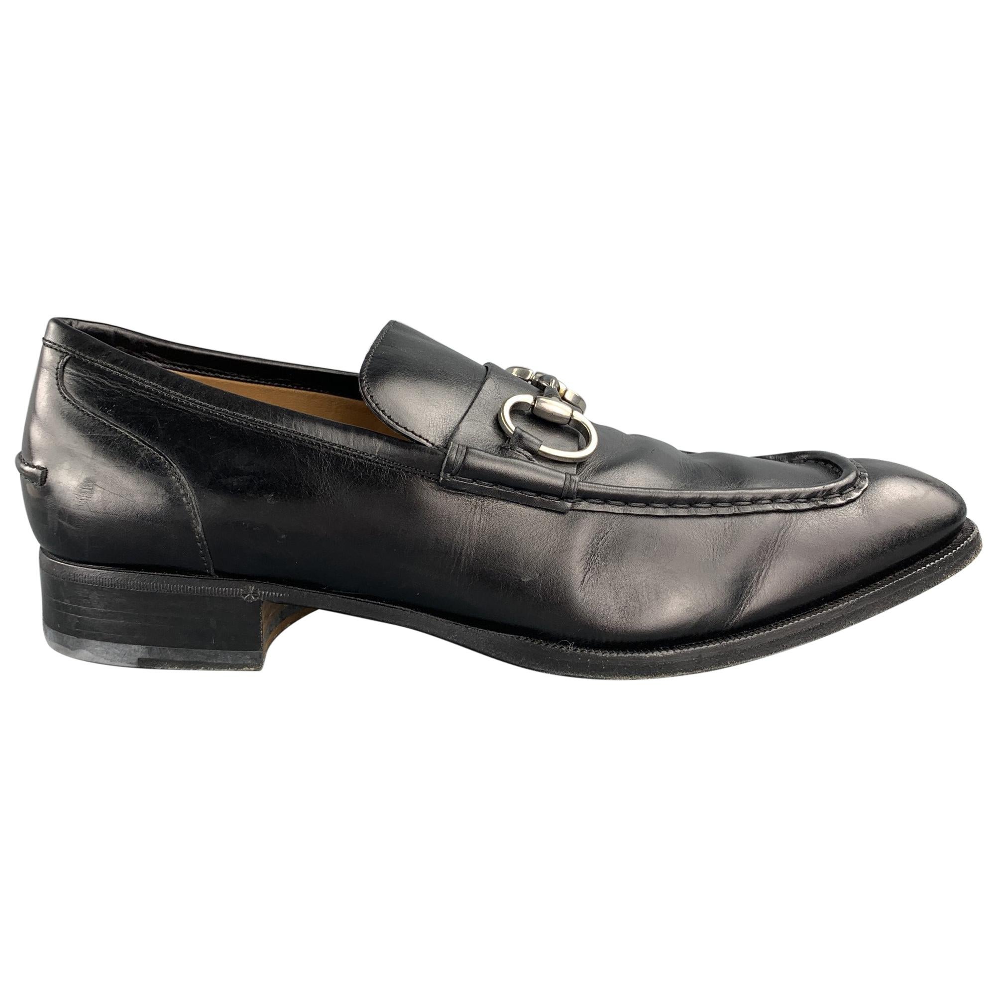 GUCCI Size 10.5 Black Leather Horsebit Loafers