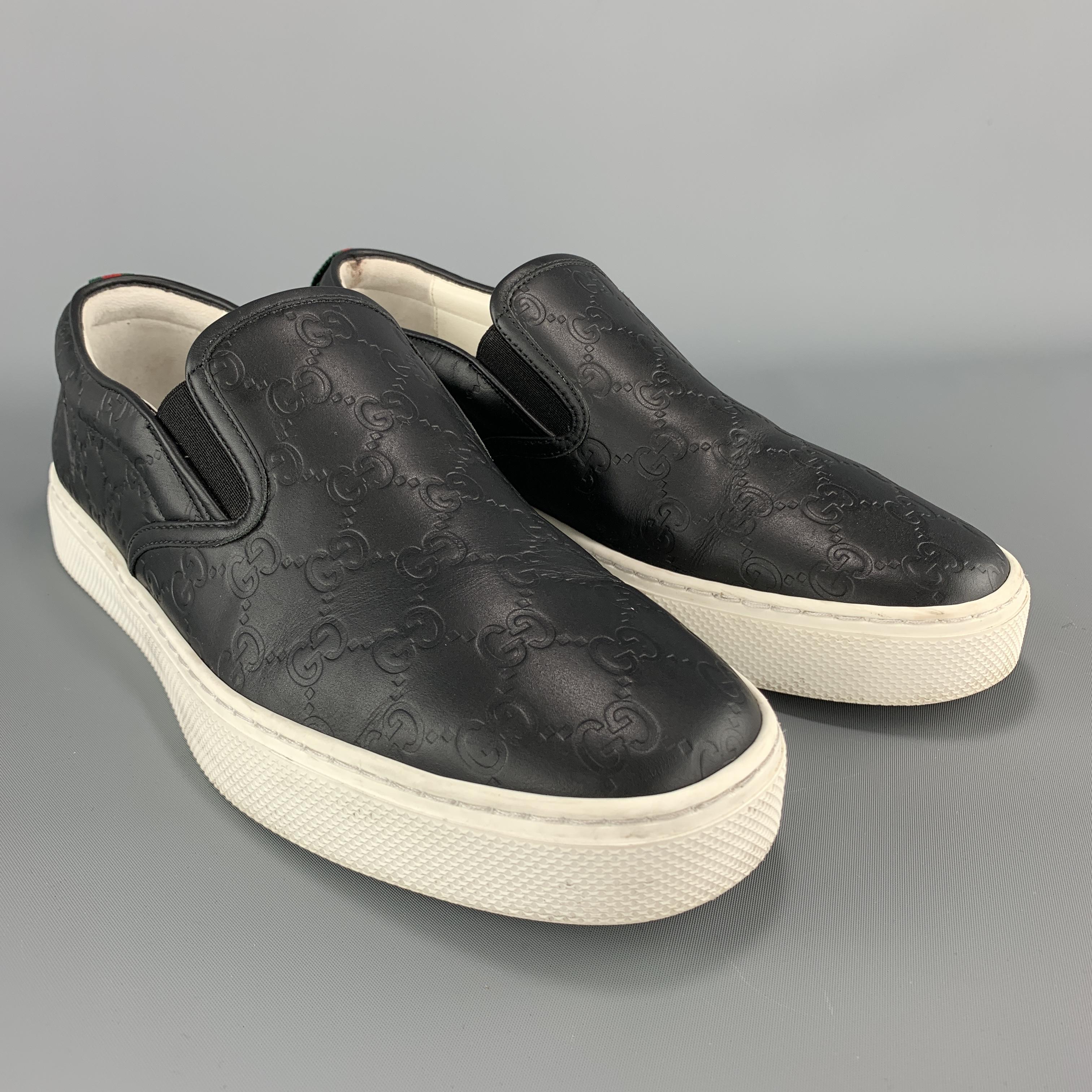 GUCCI Size 10.5 Black Monogram Embossed Leather Slip On Sneakers In Excellent Condition In San Francisco, CA