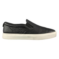 GUCCI Size 10.5 Black Monogram Embossed Leather Slip On Sneakers