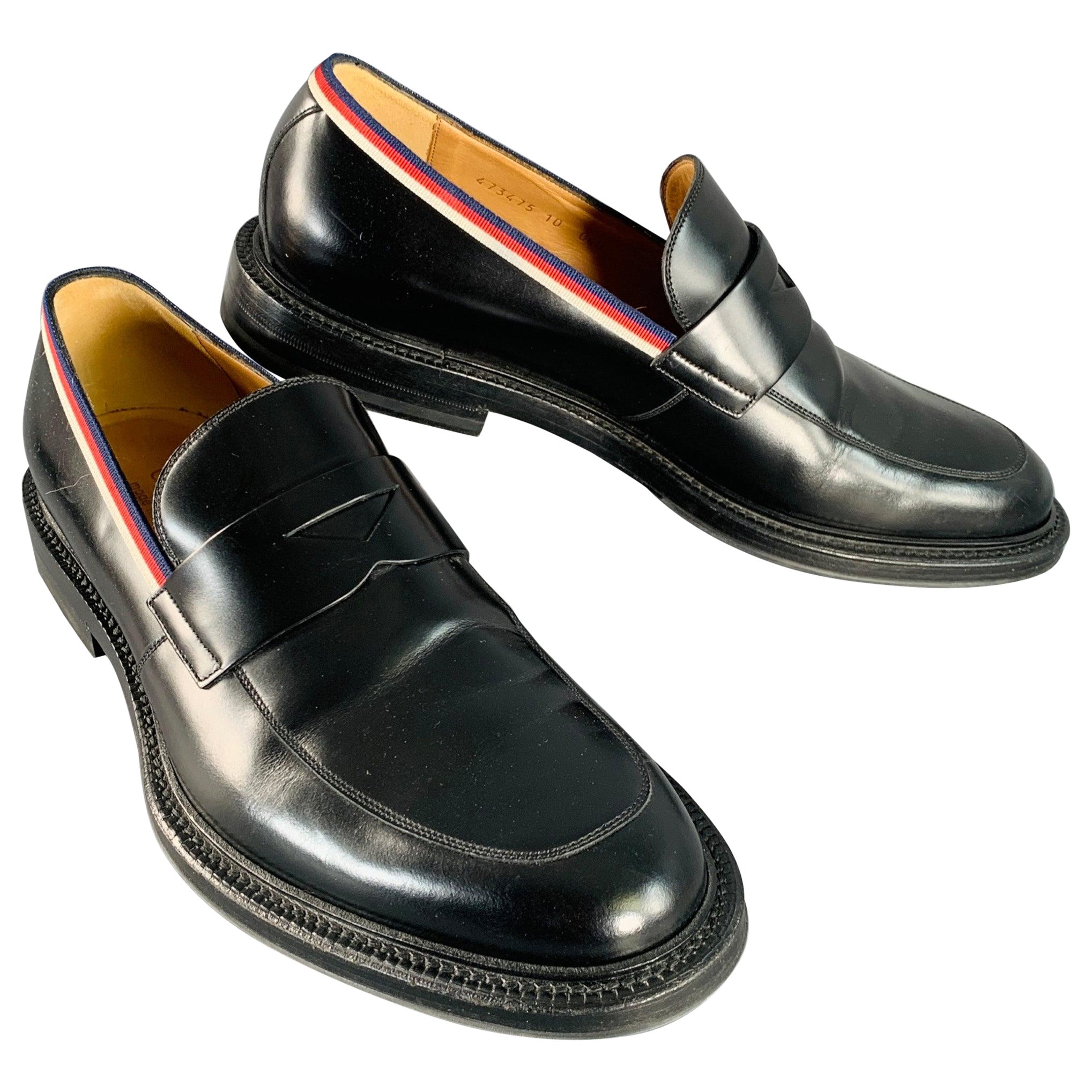 GUCCI Size 10.5 Black Red Blue Contrast Trim Leather Penny Loafers