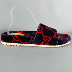 GUCCI Size 10.5 Black Red Guccissima Monogram Velvet Slip On Sandals