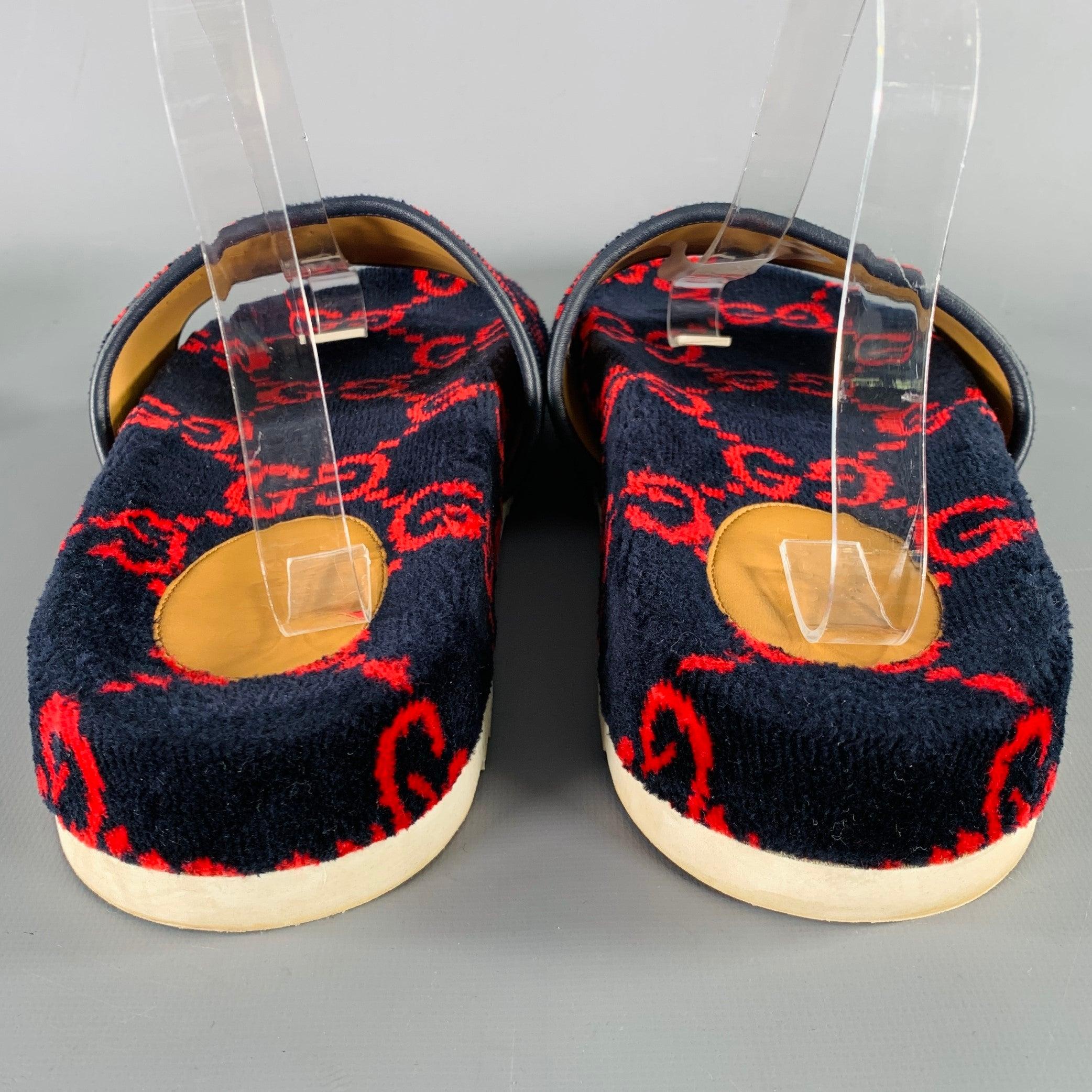 GUCCI Talla 10.5 Negro Rojo Guccissima Monograma Terciopelo Sandalias Slip On en Bueno estado para la venta en San Francisco, CA