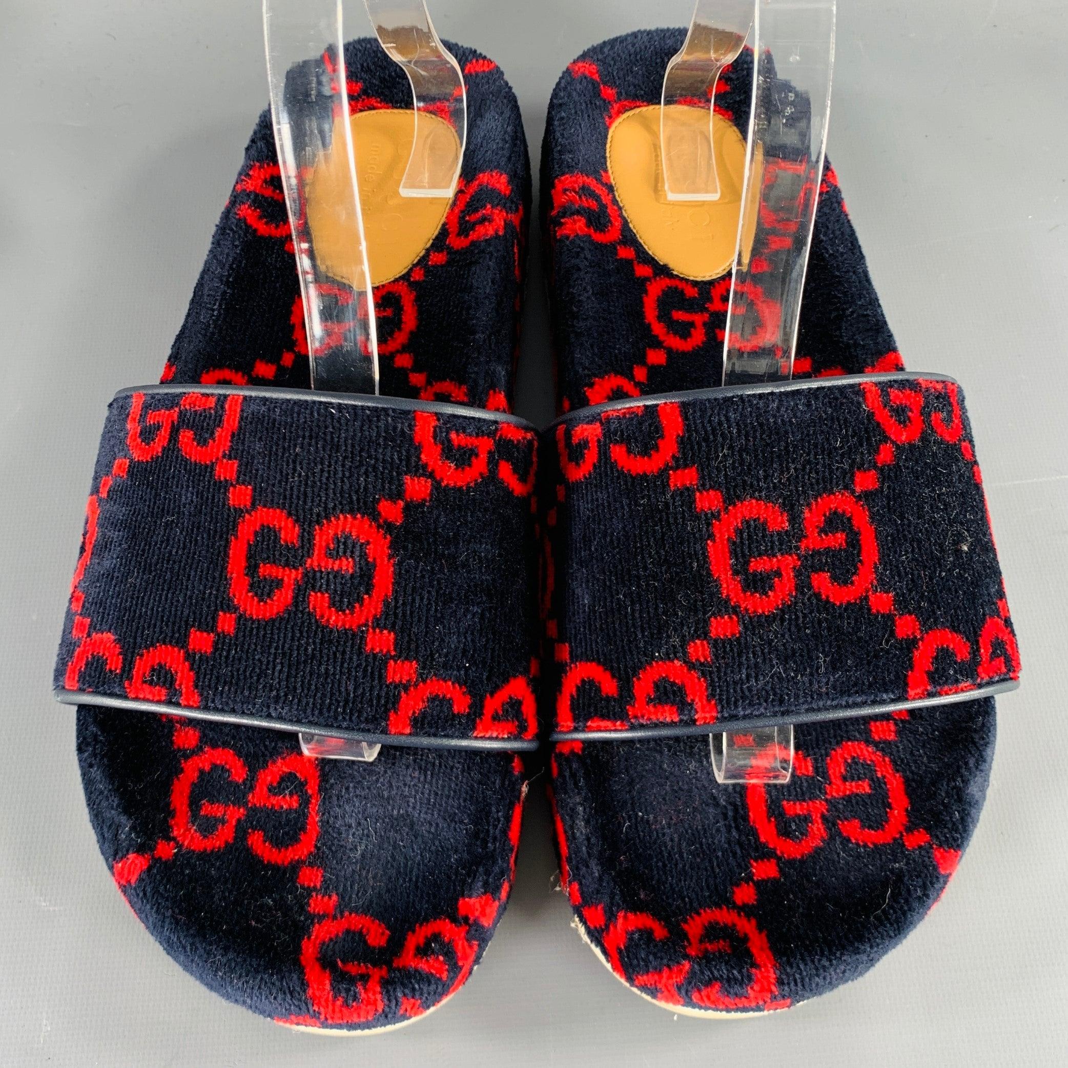 De los hombres GUCCI Talla 10.5 Negro Rojo Guccissima Monograma Terciopelo Sandalias Slip On en venta