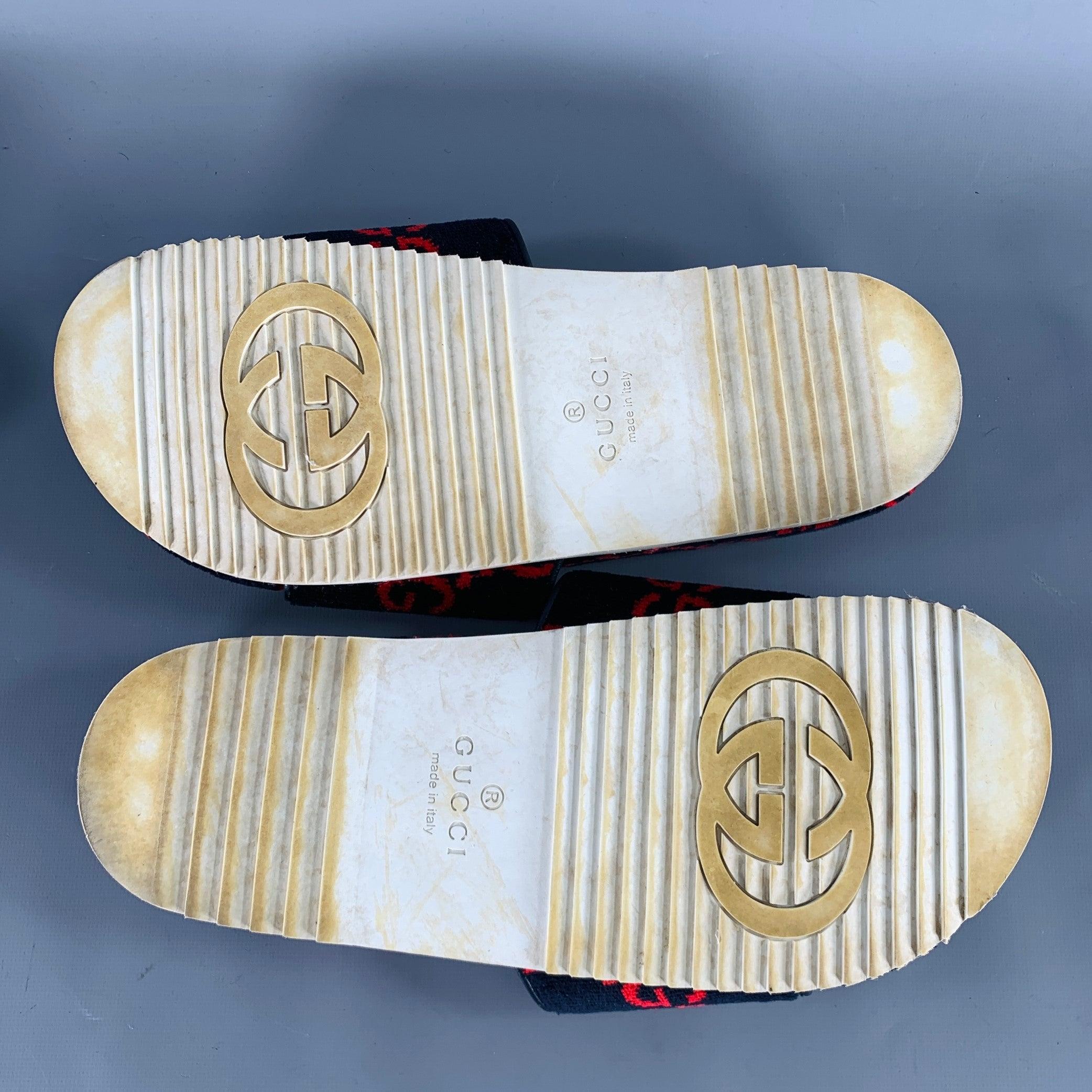 GUCCI Talla 10.5 Negro Rojo Guccissima Monograma Terciopelo Sandalias Slip On en venta 2