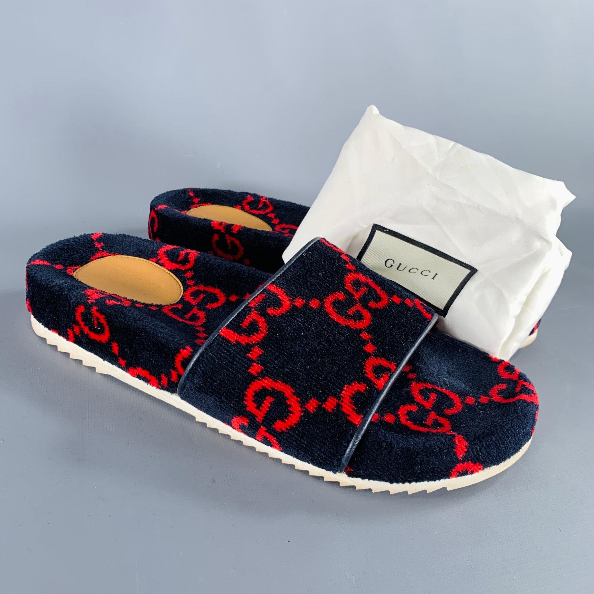 GUCCI Talla 10.5 Negro Rojo Guccissima Monograma Terciopelo Sandalias Slip On en venta 5