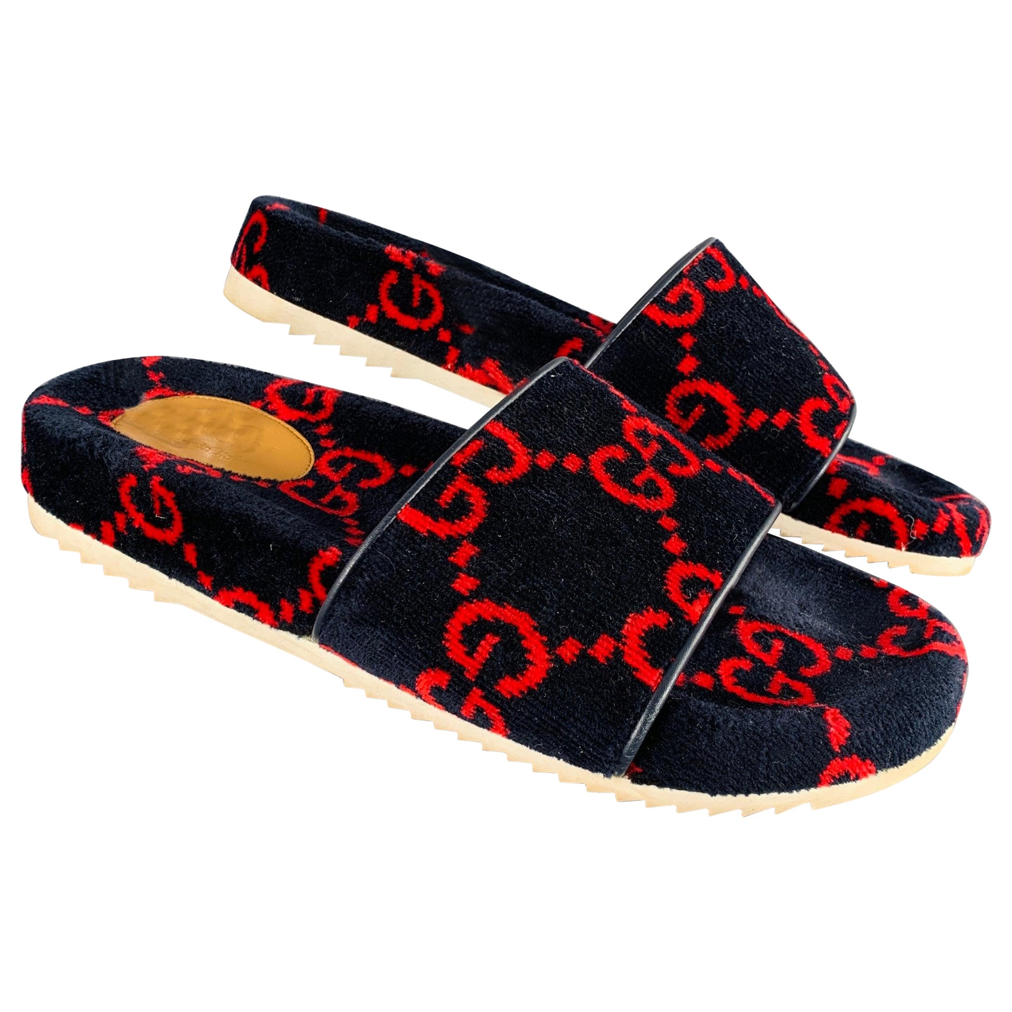Gucci Size 10.5 Black Red Guccissima Monogram Velvet Slip On Sandals
