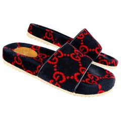 Gucci Size 10.5 Black Red Guccissima Monogram Velvet Slip On Sandals