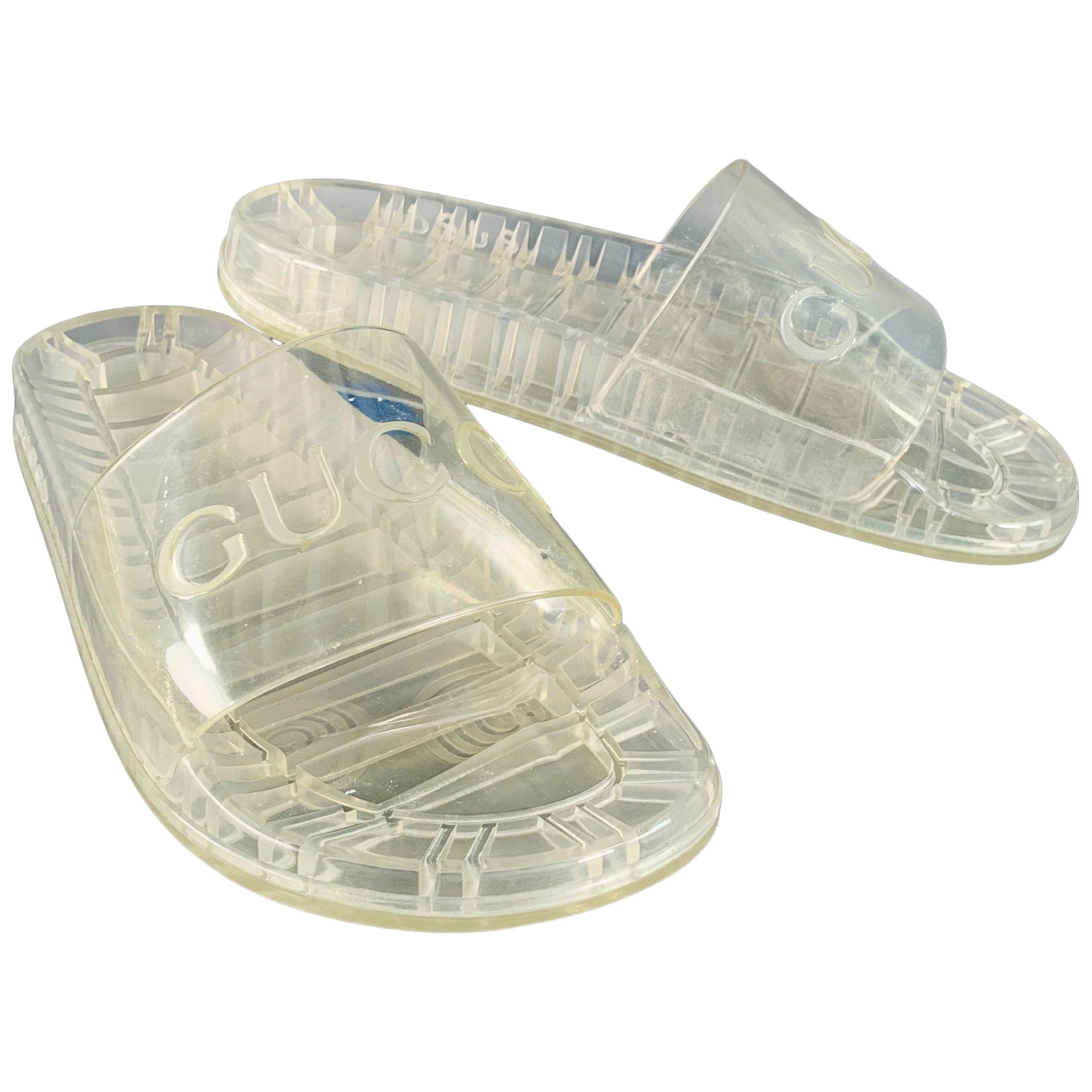 Gucci Size 10.5 Clear Transparent Logo Rubber Slide Sandals en vente