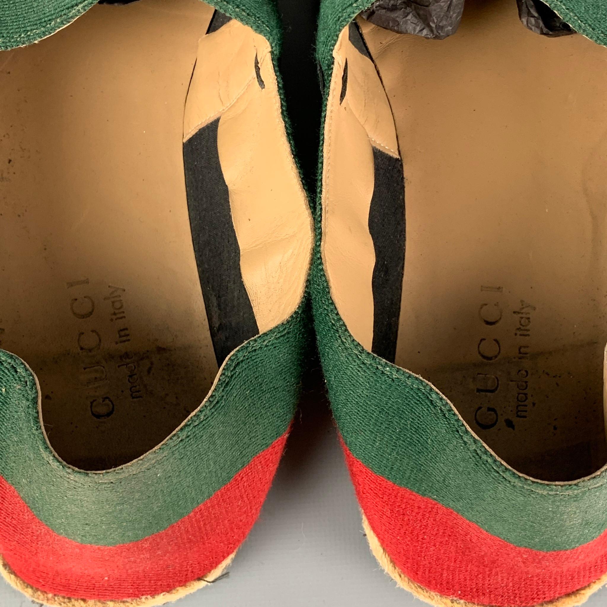 Brown GUCCI Size 10.5 Green Red Stripe Canvas Espadrille Loafers