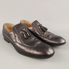 GUCCI Size 10.5 Midnight Navy Solid Leather Wingtip Tassels Loafers