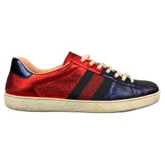 GUCCI Size 10.5 Red & Blue Metallic Snakeskin Low Top Ace Sneakers