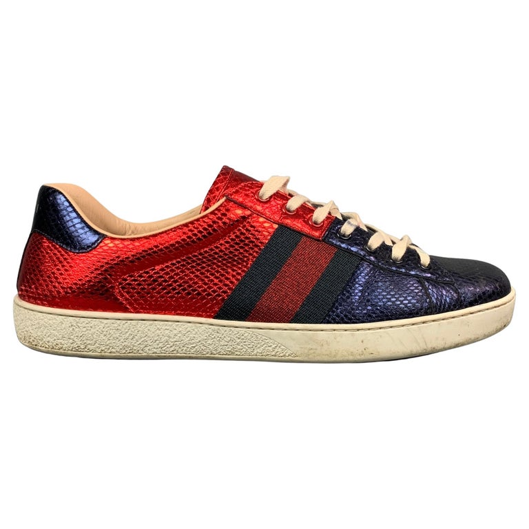 GUCCI Size Red Blue Metallic Snakeskin Low Top Ace Sneakers