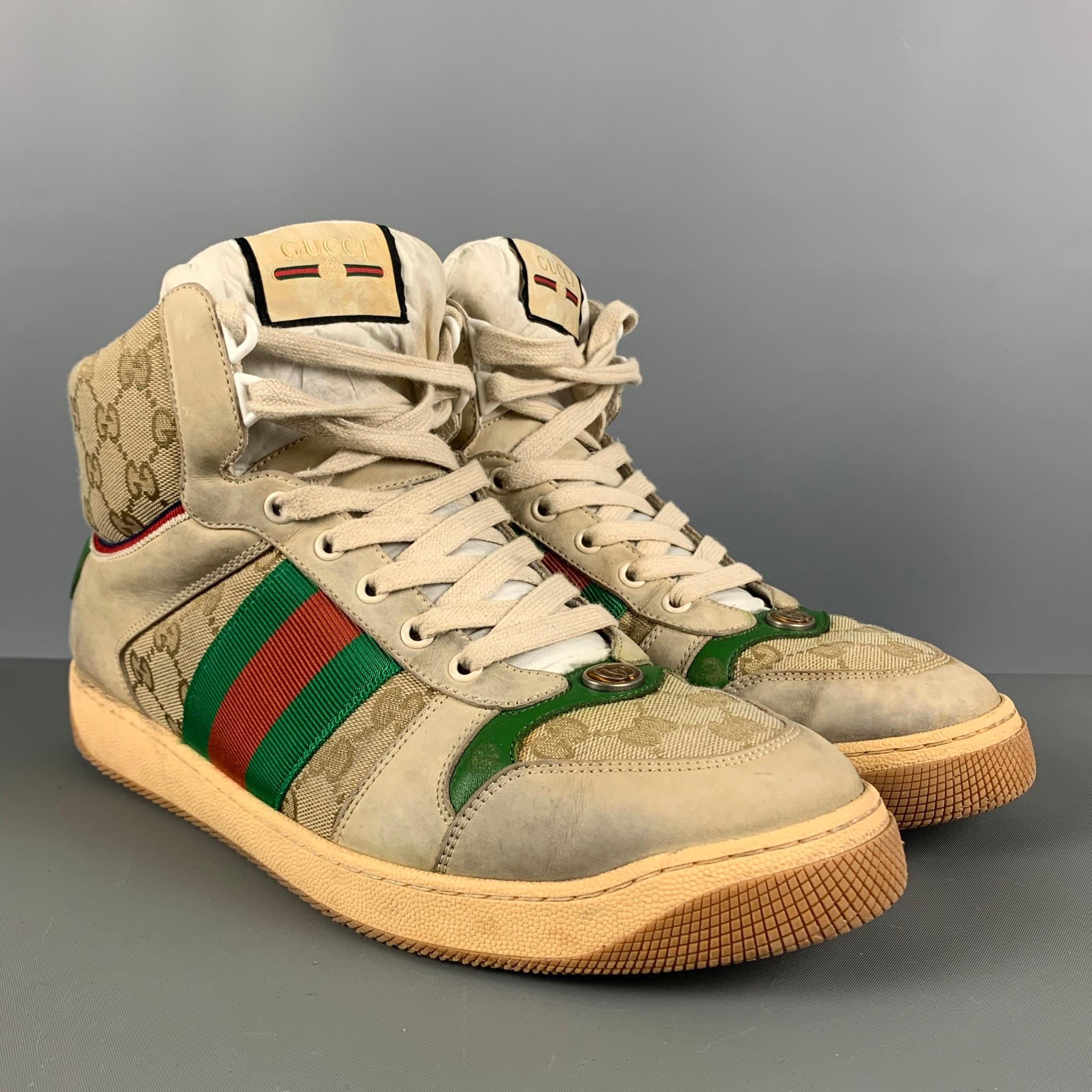 GUCCI Screener high top sneakers comes in a green and red distressed canvas featuring a chunky style, GG printed logo, rubber sole, and a lace up style. Made in Italy.

Very Good Pre-Owned Condition. Light wear. As-is.
Marked: