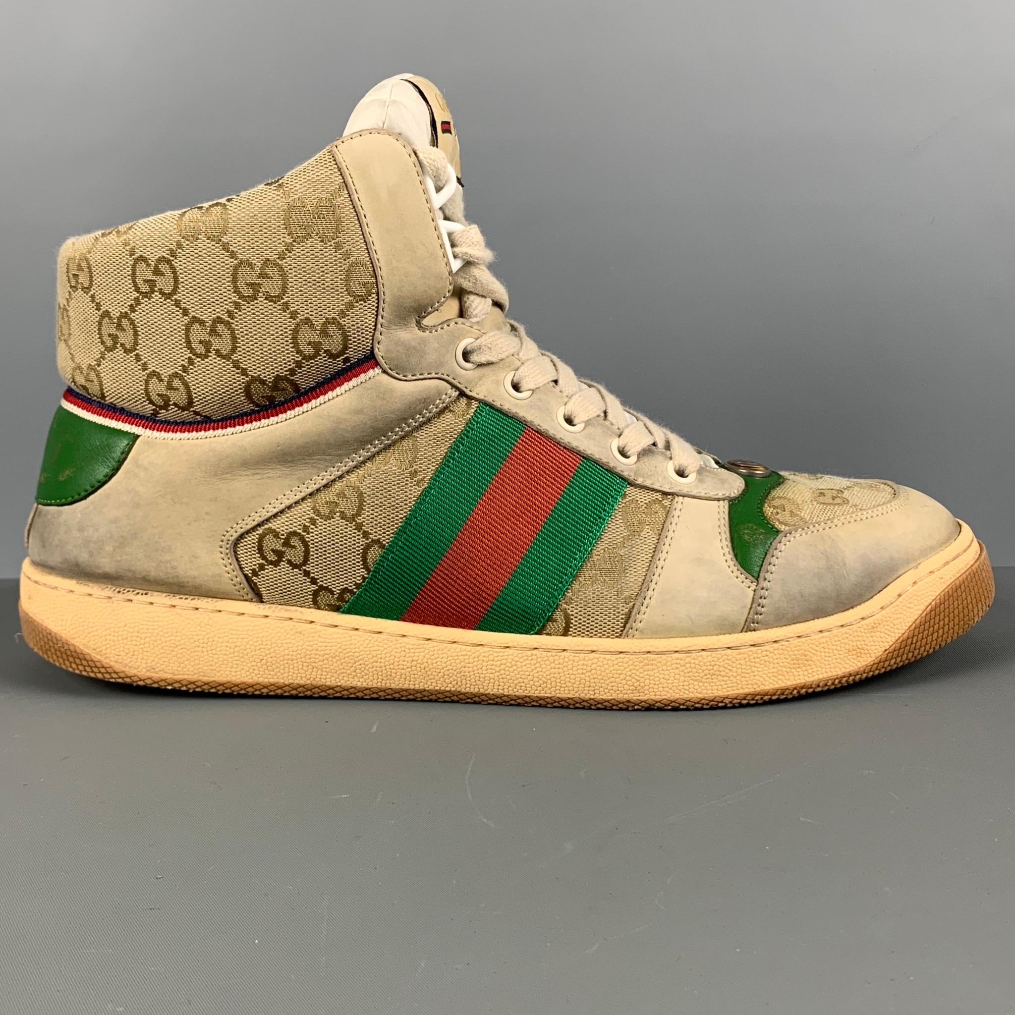 GUCCI Size 10.5 Tan Green & Red Distressed Canvas High Top Sneakers In Good Condition In San Francisco, CA