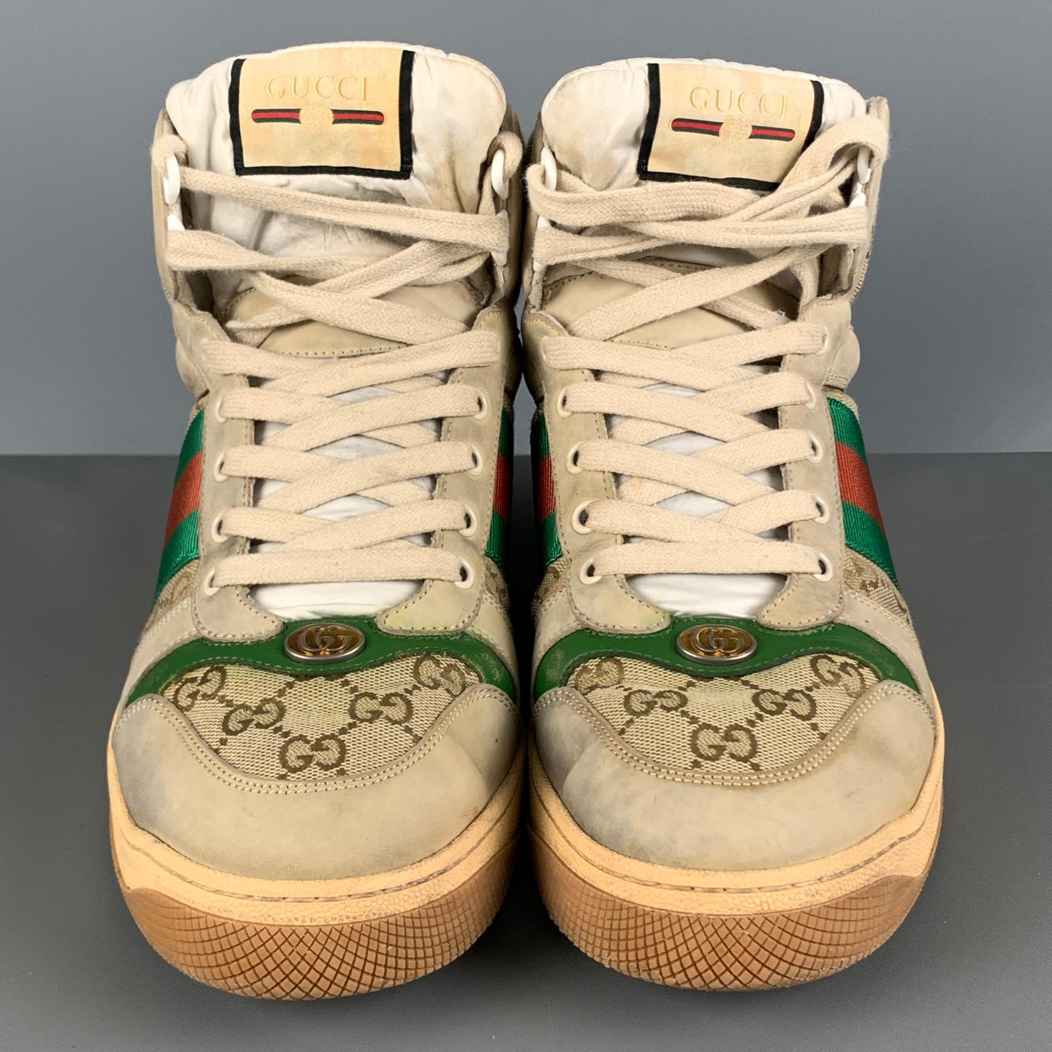 GUCCI Size 10.5 Tan Green & Red Distressed Canvas High Top Sneakers 1