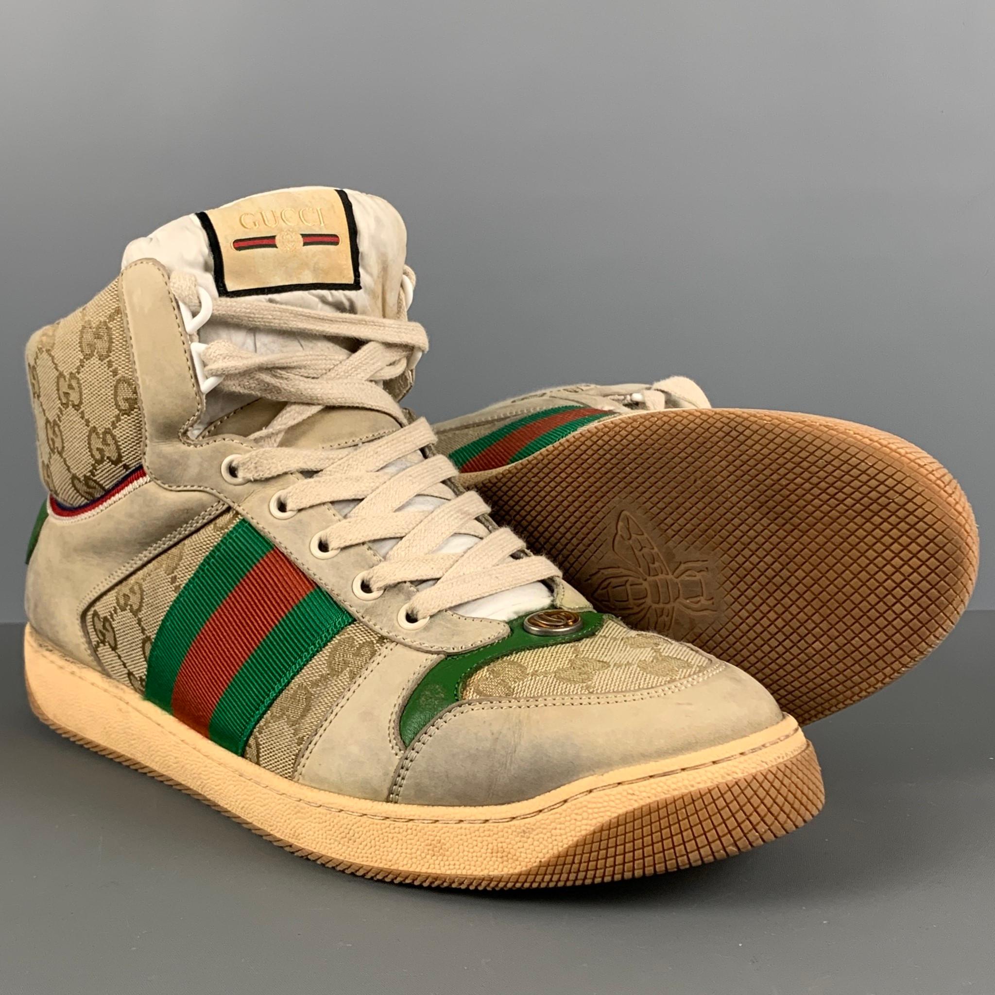 GUCCI Size 10.5 Tan Green & Red Distressed Canvas High Top Sneakers 2